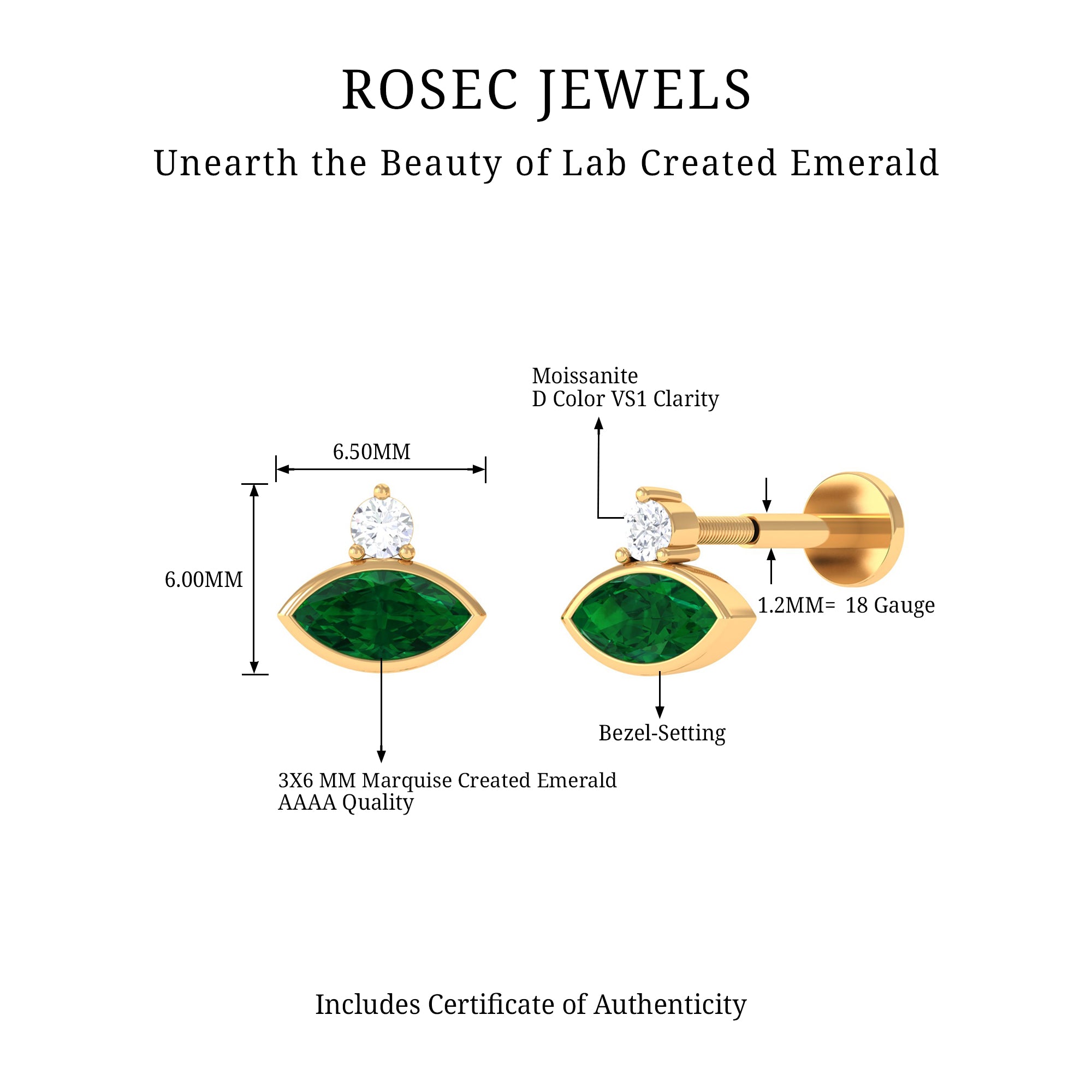 Rosec Jewels-Marquise Cut Created Emerald Helix Earring with Moissanite