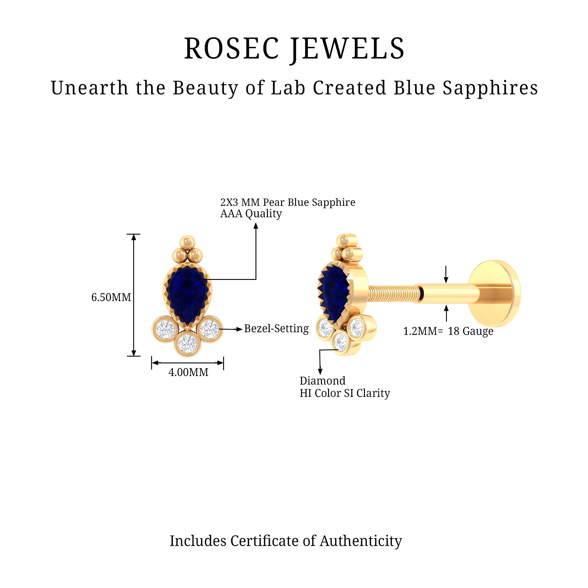 Rosec Jewels-Blue Sapphire and Diamond Tragus Earring with Beaded Gold