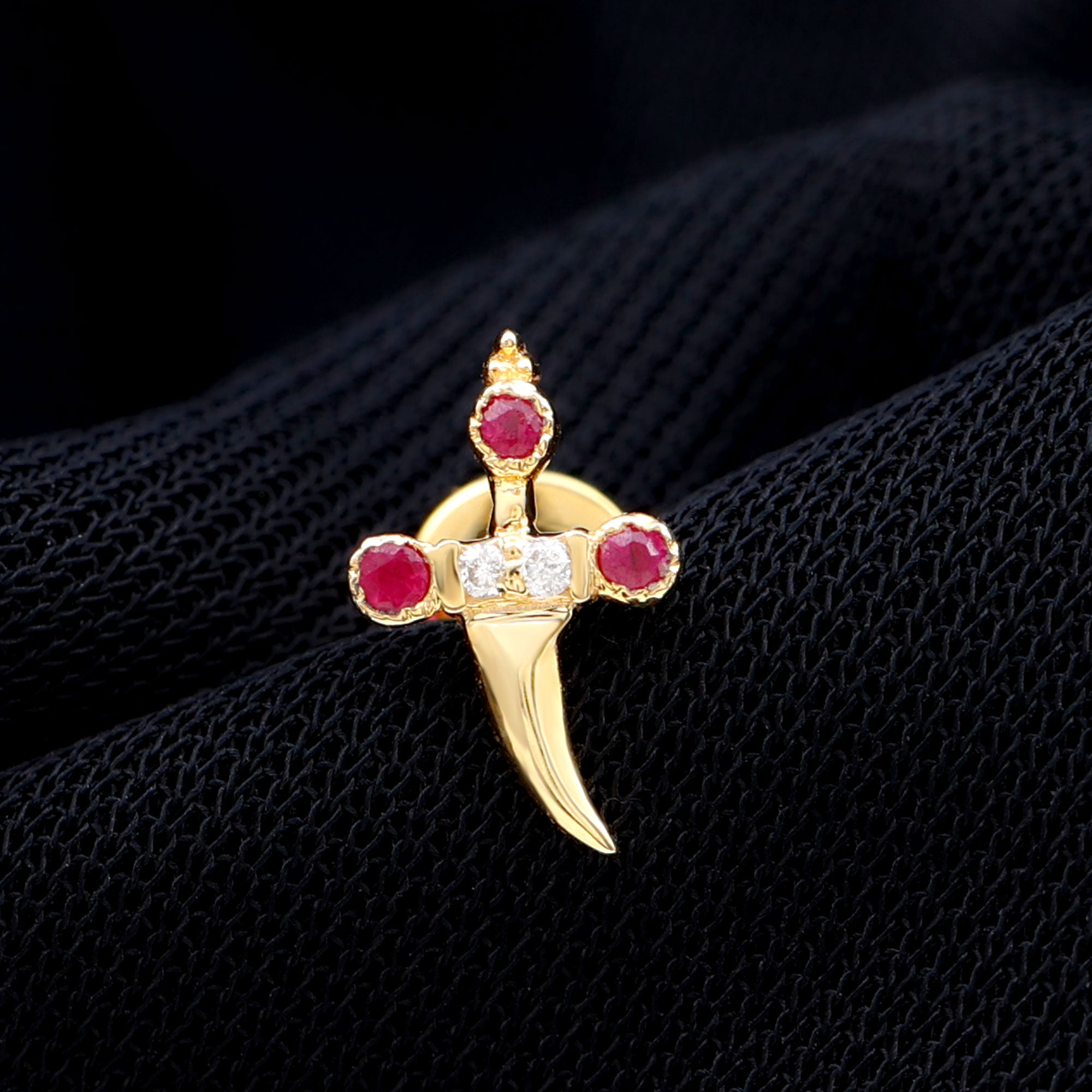 Rosec Jewels-Real Ruby and Diamond Dagger Helix Earring in Gold