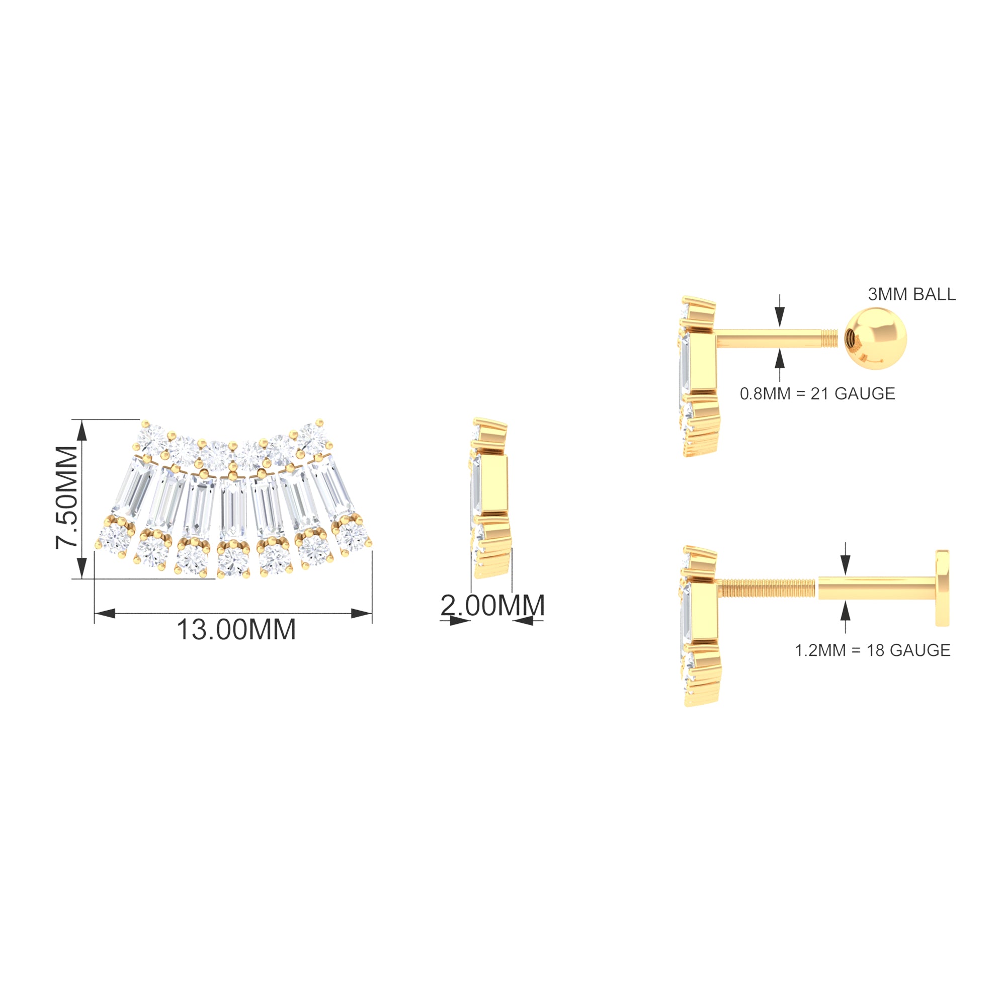 Rosec Jewels-Baguette Moissanite Curved Gold Cartilage Earring