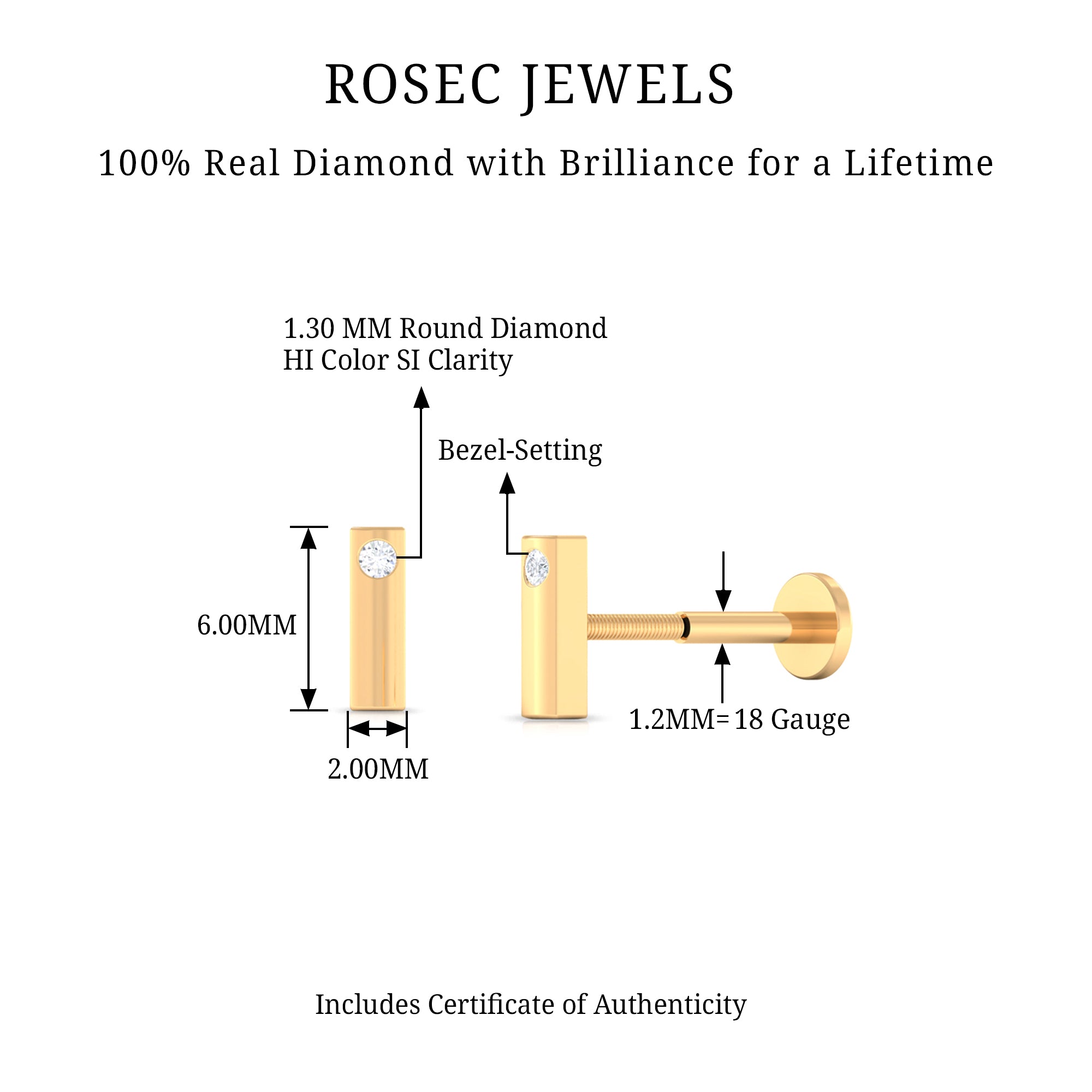 Rosec Jewels-Natural Diamond Gold Bar Earring for Conch Piercing