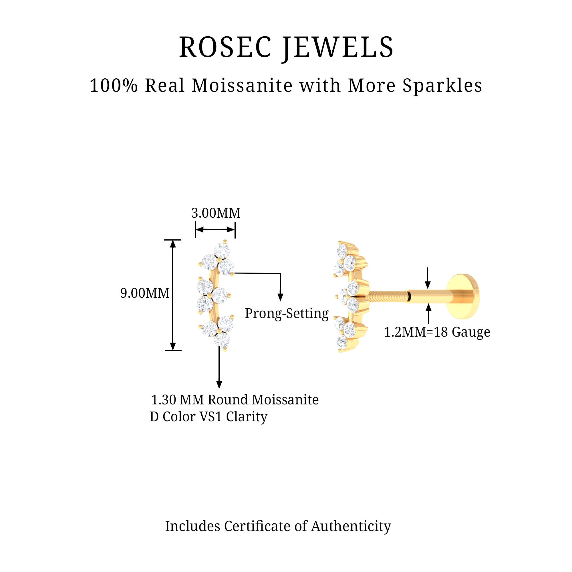 Rosec Jewels-Unique Moissanite Cartilage Climber Earring in Gold