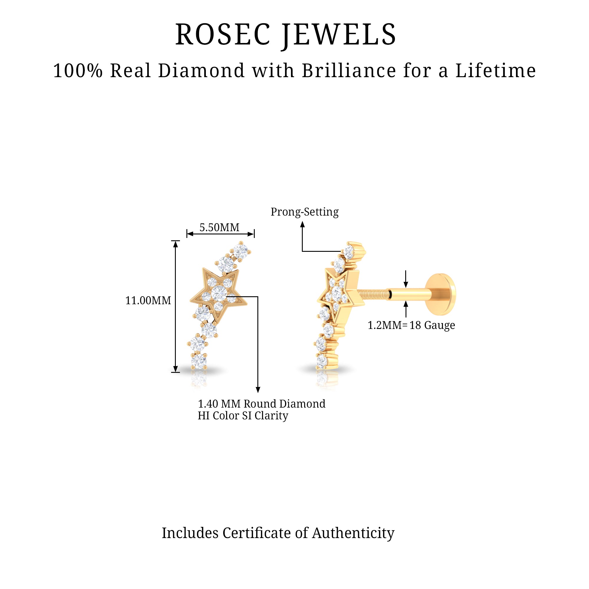 Rosec Jewels-Natural Diamond Star Crawler Earring for Helix Piercing