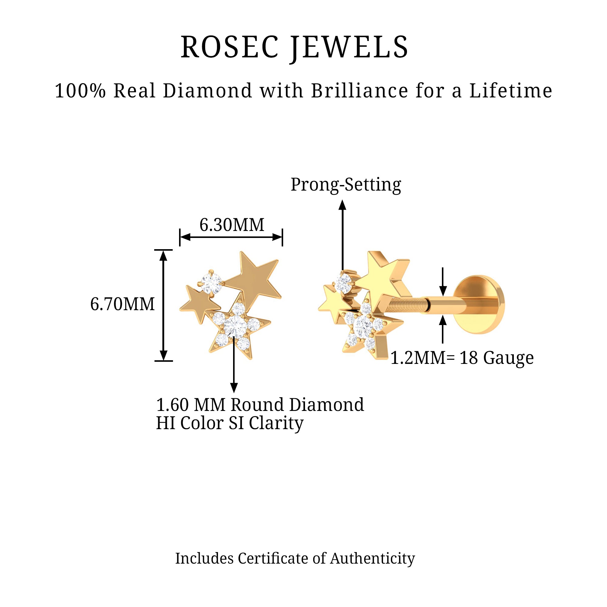 Rosec Jewels-Round Cut Natural Diamond Gold Star Cartilage Earring