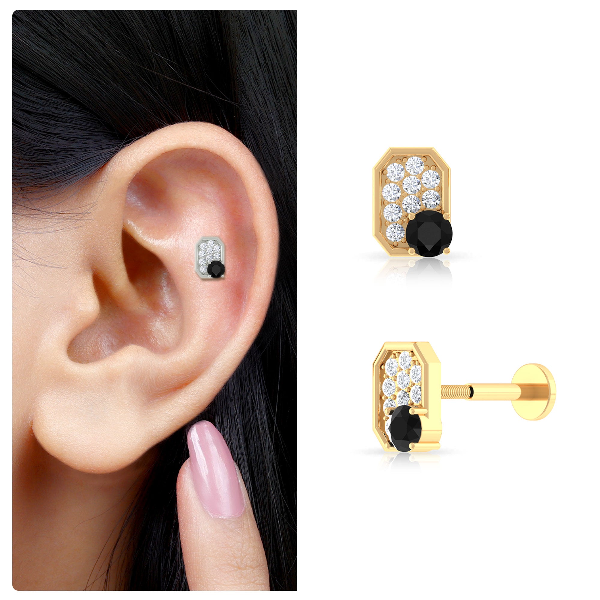 Rosec Jewels-1/4 CT Black Onyx and Moissanite Octagon Cartilage Earring