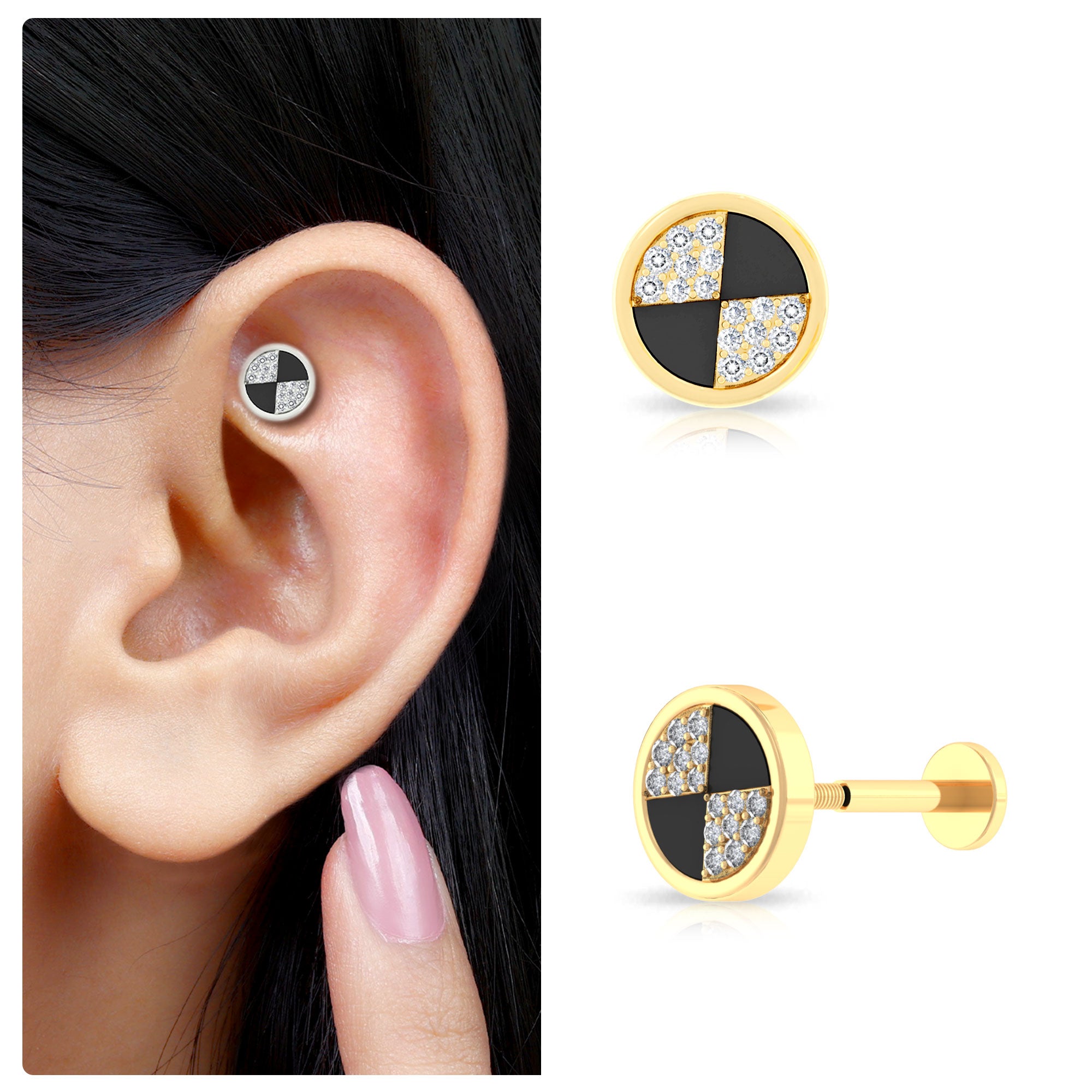 Rosec Jewels-Moissanite Gold Round Conch Earring with Black Enamel