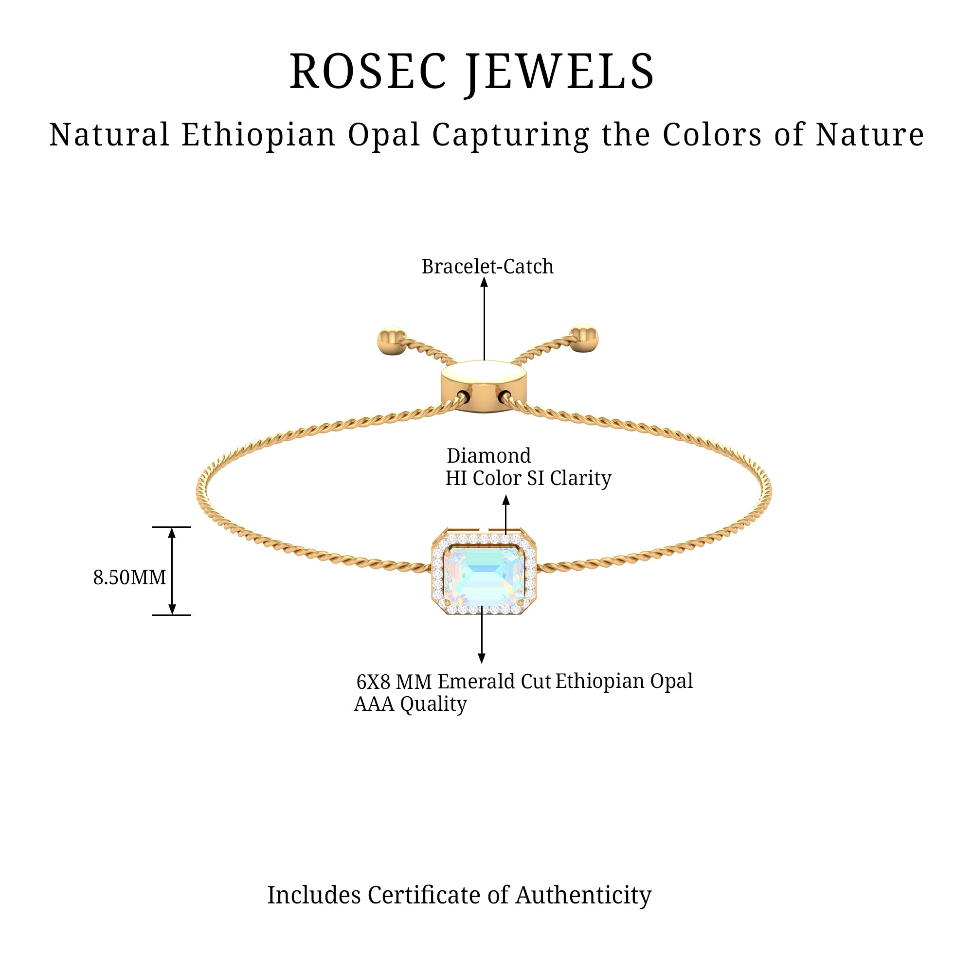 2.25 CT Octagon Cut Ethiopian Opal and Diamond Bolo Chain Bracelet Ethiopian Opal - ( AAA ) - Quality - Rosec Jewels