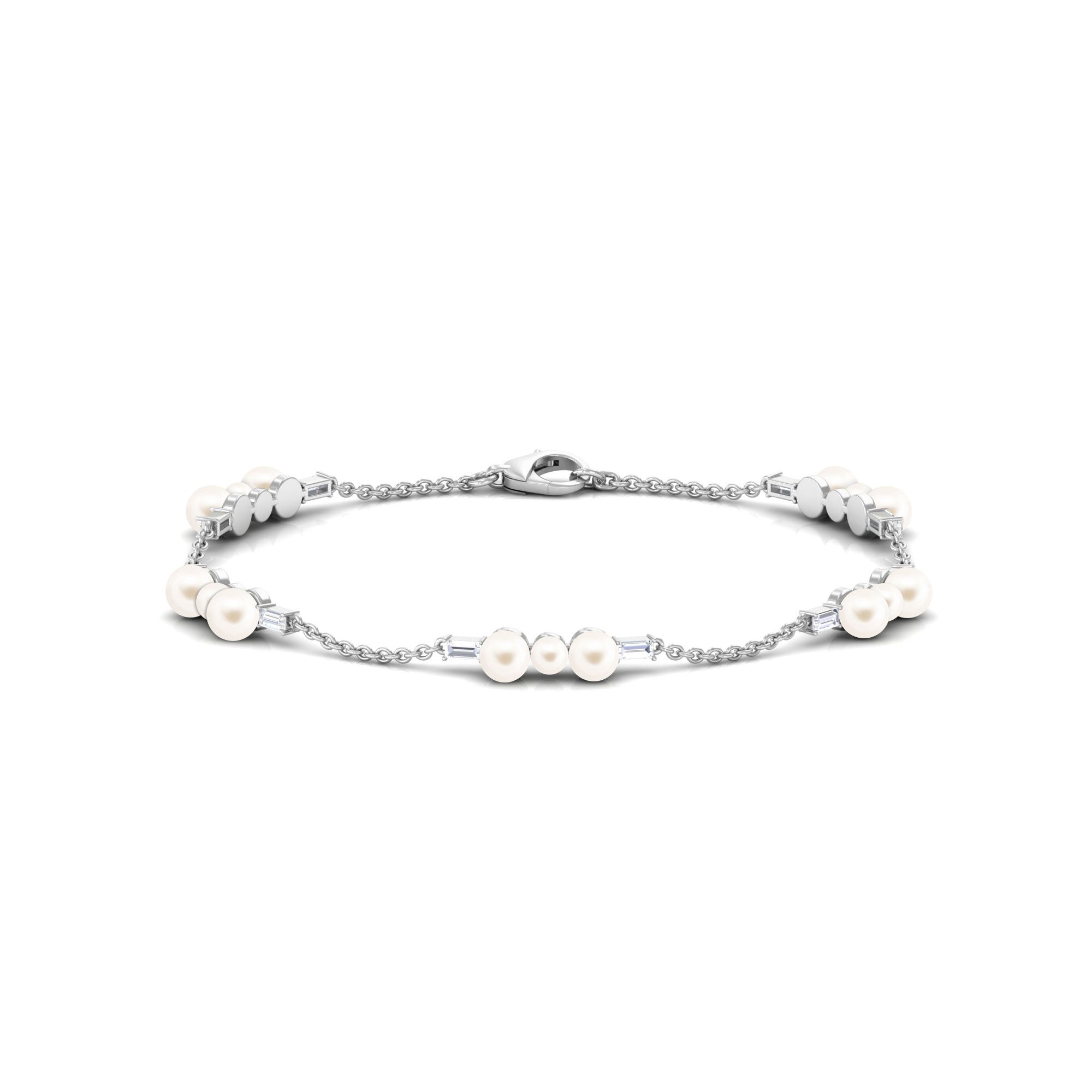 Freshwater Pearl and Moissanite Station Chain Bracelet Freshwater Pearl - ( AAA ) - Quality - Rosec Jewels