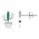 Cactus Stud Earrings with Emerald and Diamond Stones Emerald - ( AAA ) - Quality - Rosec Jewels