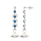 Freshwater Pearl and London Blue Topaz Drop Earrings with Moissanite Freshwater Pearl - ( AAA ) - Quality - Rosec Jewels