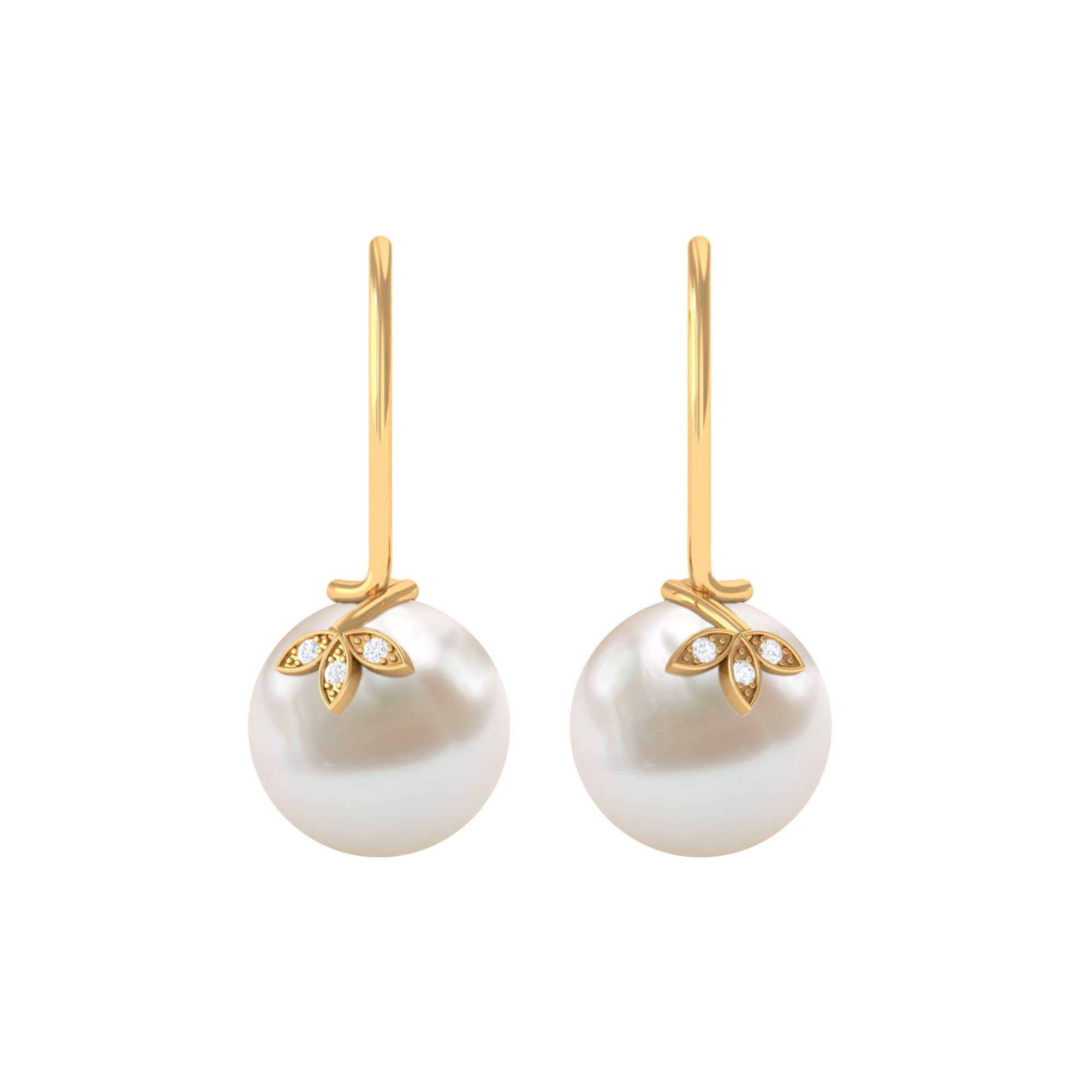 Designer Freshwater Pearl and Diamond Drop Earrings with Fish Hook Freshwater Pearl - ( AAA ) - Quality - Rosec Jewels