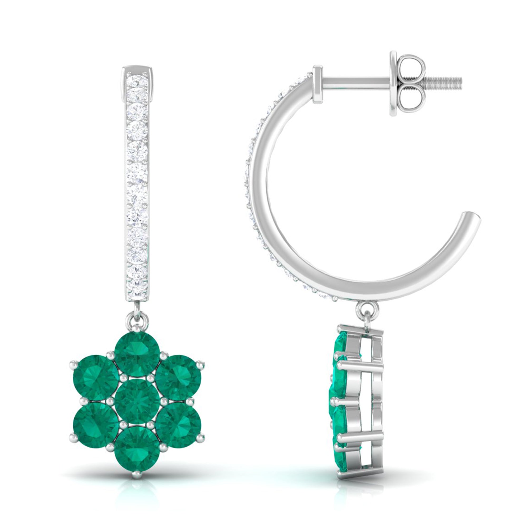 1.75 CT Emerald Floral Hoop Drop Earrings with Diamond Accent Emerald - ( AAA ) - Quality - Rosec Jewels