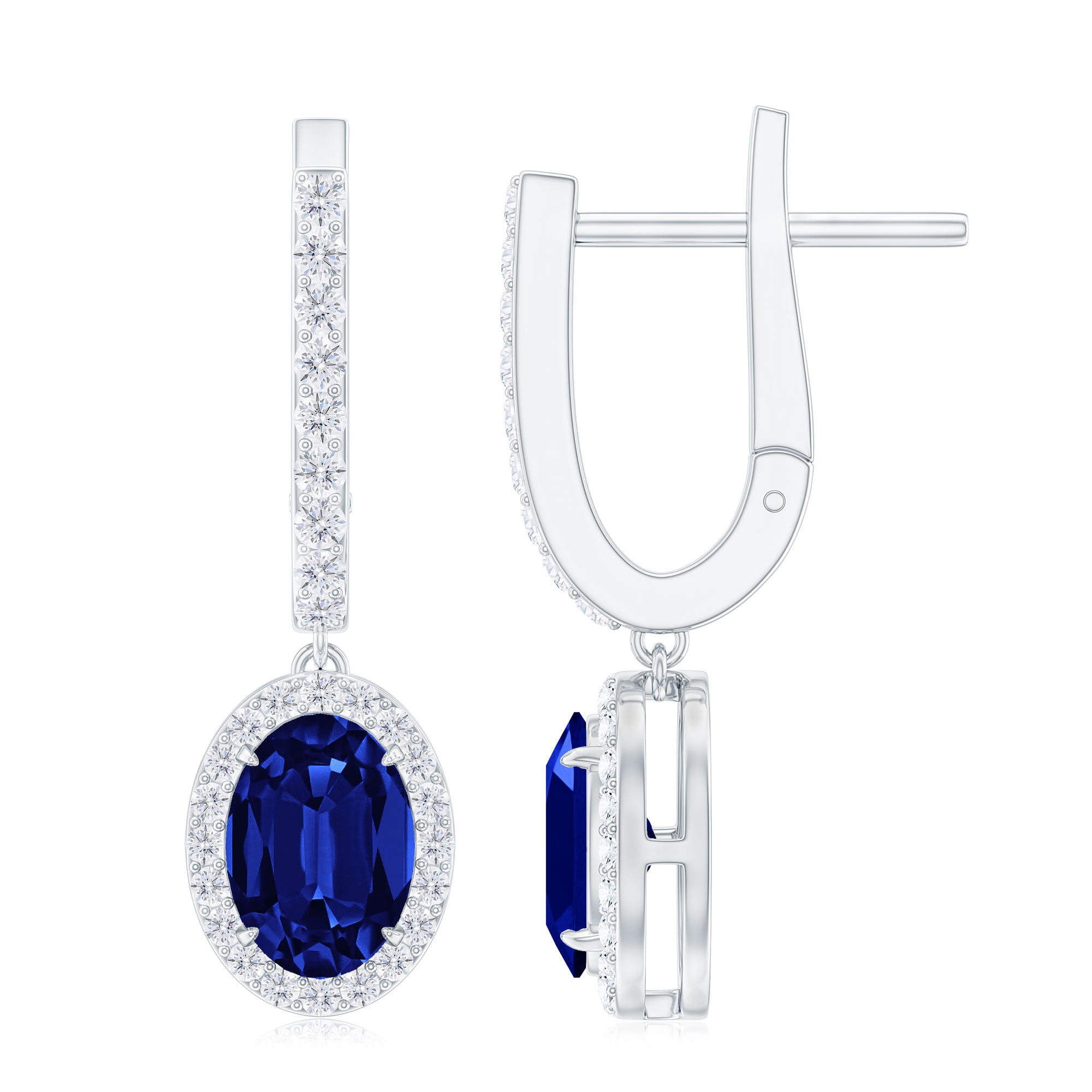 2.5 CT Silver Hoop Drop Earrings with Created Blue Sapphire and Moissanite Halo - Rosec Jewels