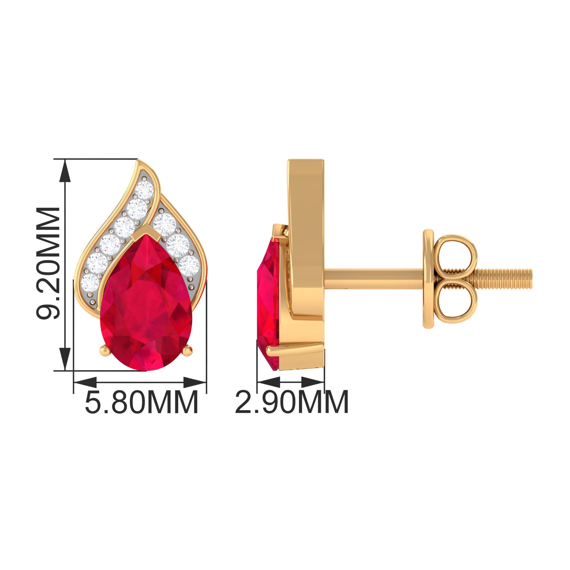 1 CT Teardrop Stud Earrings with Lab Grown Ruby and Diamond Lab Created Ruby - ( AAAA ) - Quality - Rosec Jewels