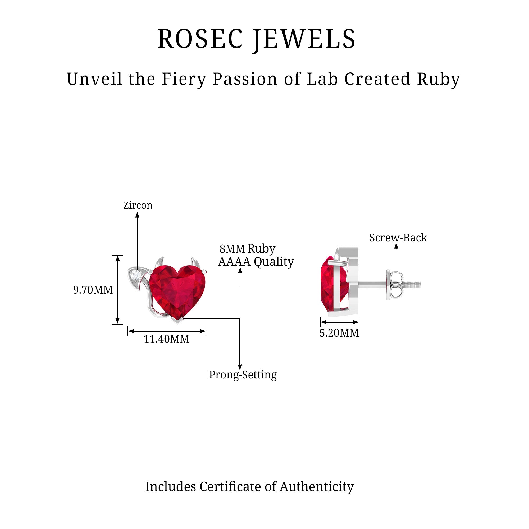 Lab Grown Ruby and Zircon Devil Heart Earrings Lab Created Ruby - ( AAAA ) - Quality - Rosec Jewels