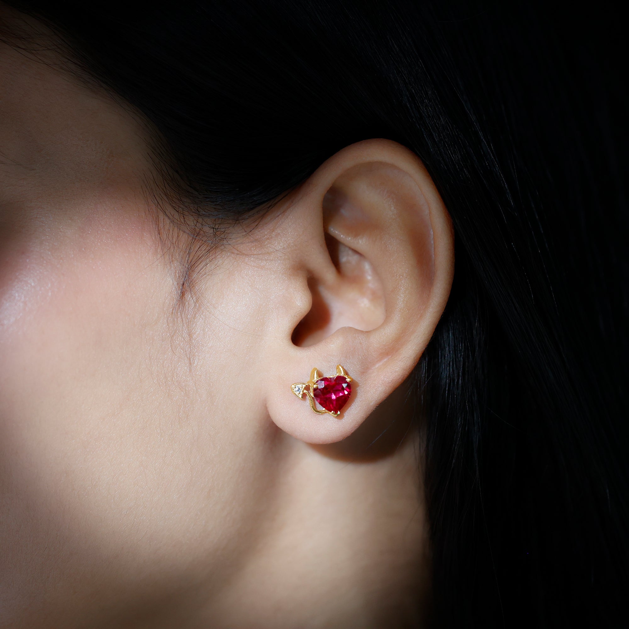 Lab Grown Ruby and Zircon Devil Heart Earrings Lab Created Ruby - ( AAAA ) - Quality - Rosec Jewels