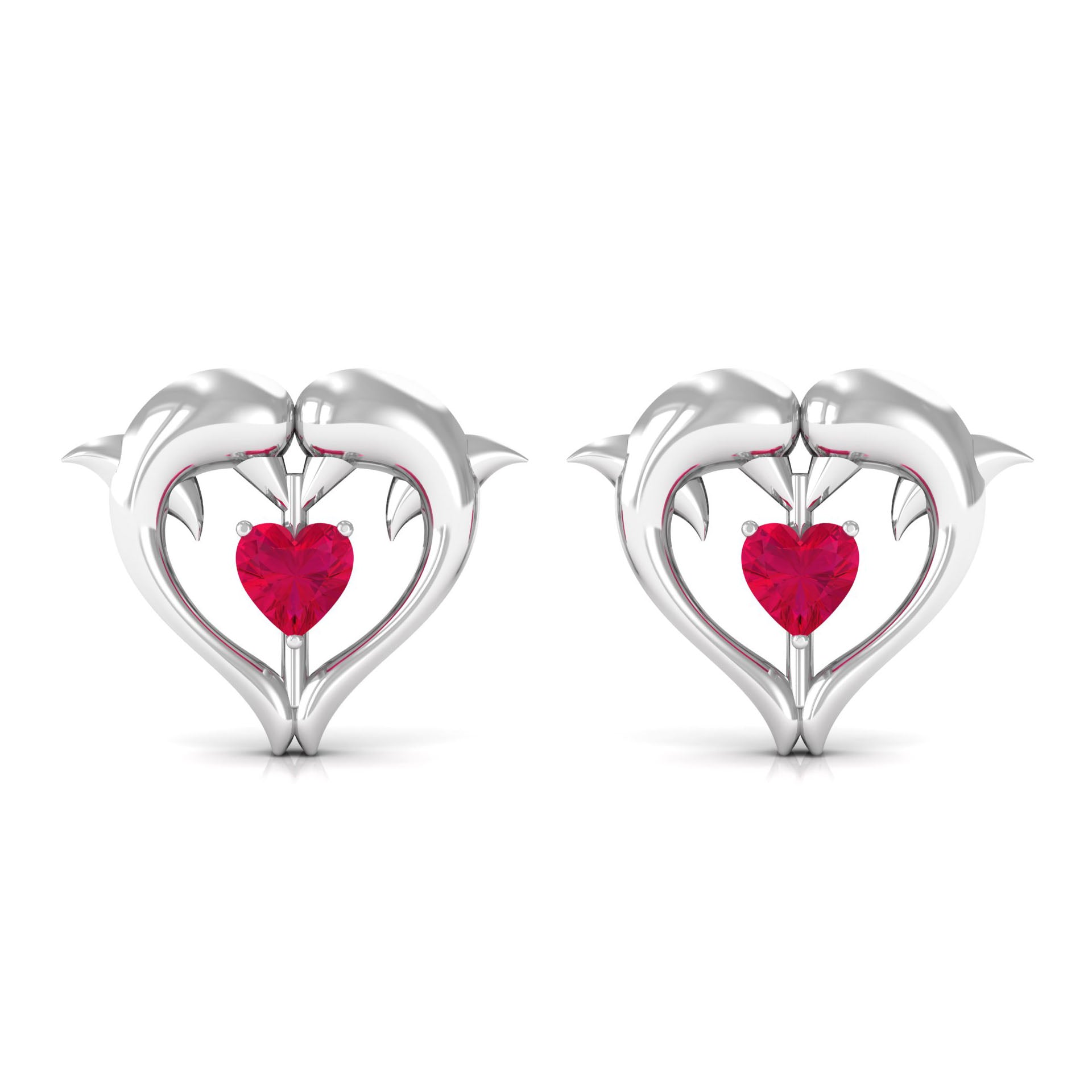 Heart Shape Ruby Dolphin Stud Earrings Ruby - ( AAA ) - Quality - Rosec Jewels