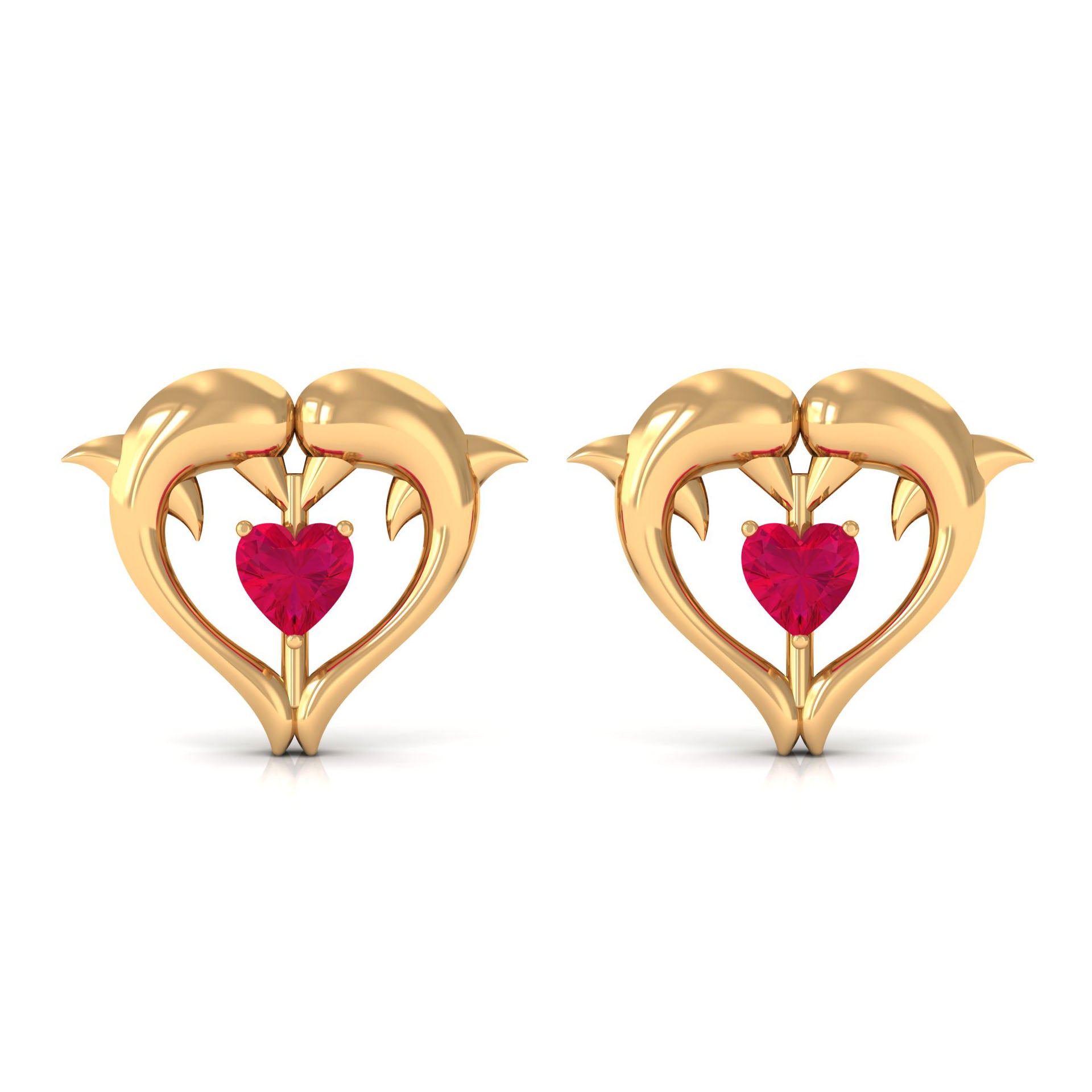 Heart Shape Ruby Dolphin Stud Earrings Ruby - ( AAA ) - Quality - Rosec Jewels