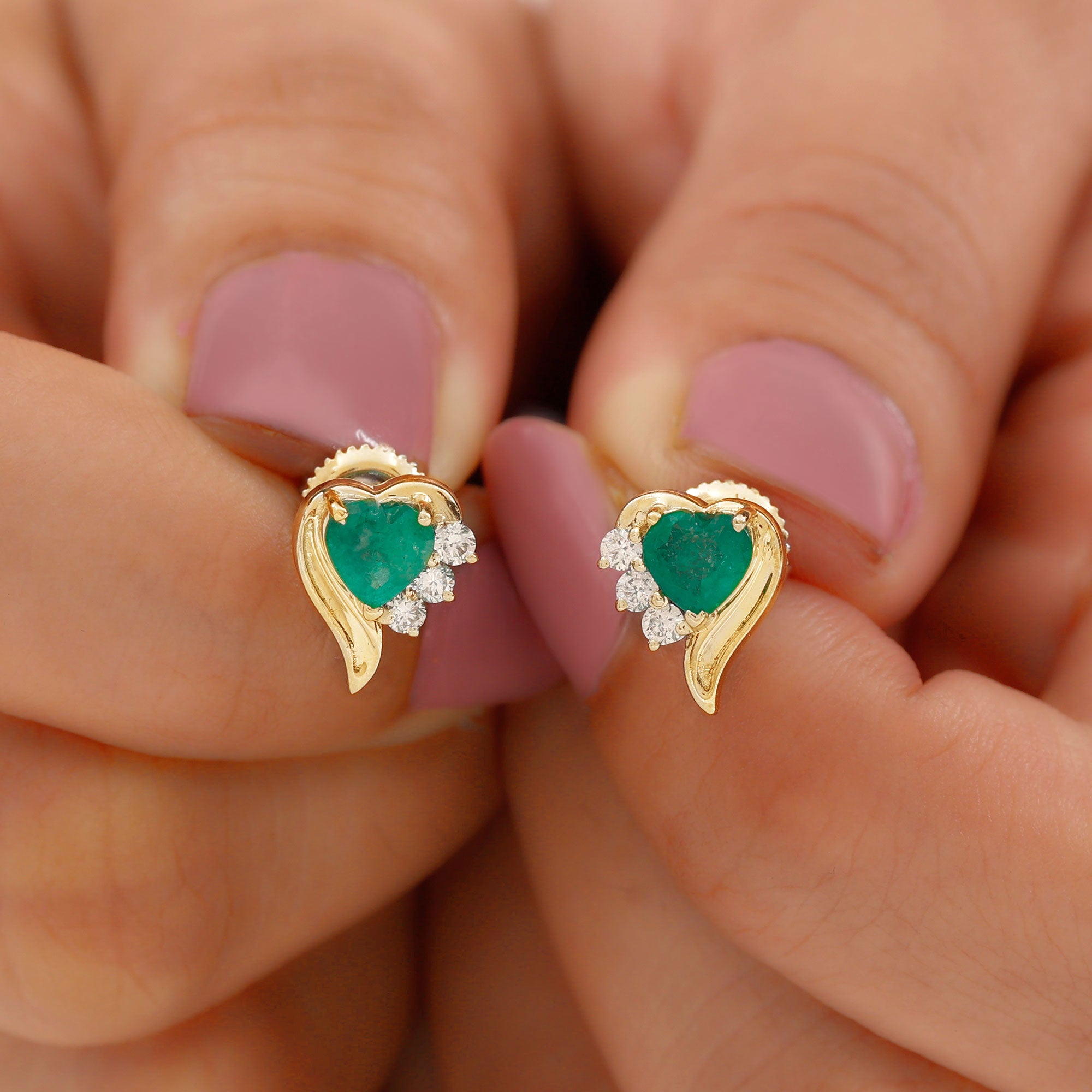 1.25 CT Emerald and Diamond Heart Stud Earrings Emerald - ( AAA ) - Quality - Rosec Jewels