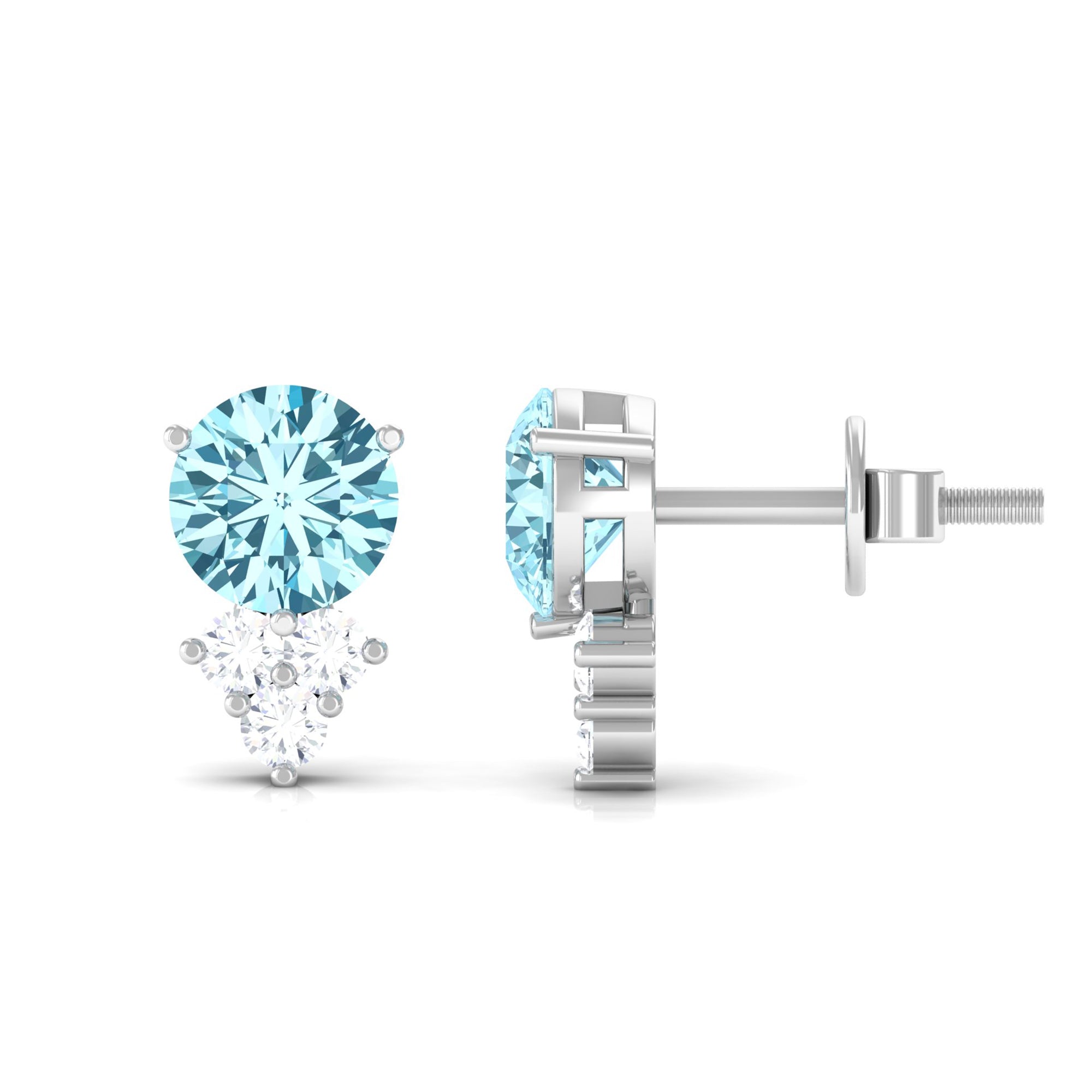 2 CT Natural Aquamarine Stud Earrings with Diamond Trio Aquamarine - ( AAA ) - Quality - Rosec Jewels