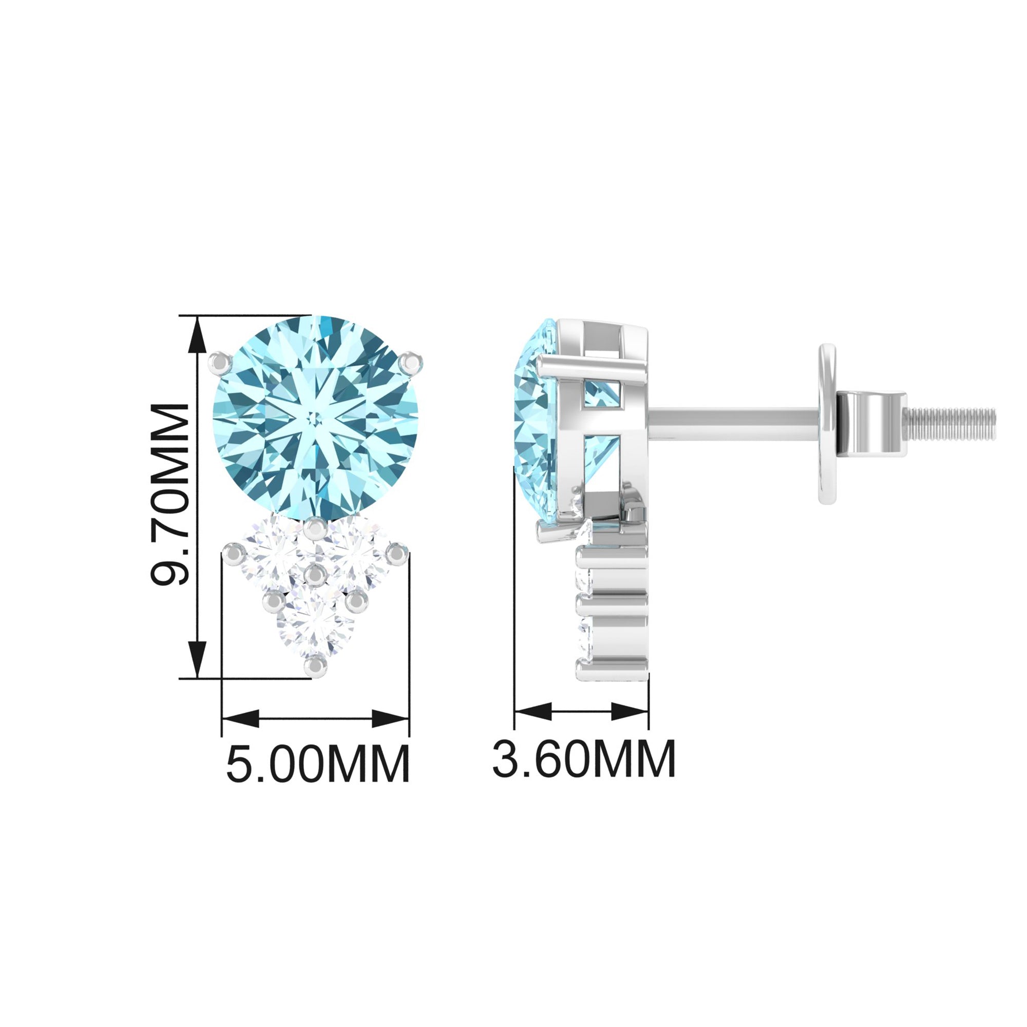 2 CT Natural Aquamarine Stud Earrings with Diamond Trio Aquamarine - ( AAA ) - Quality - Rosec Jewels