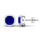 Created Blue Sapphire Stud Earrings with Diamond Halo Lab Created Blue Sapphire - ( AAAA ) - Quality - Rosec Jewels