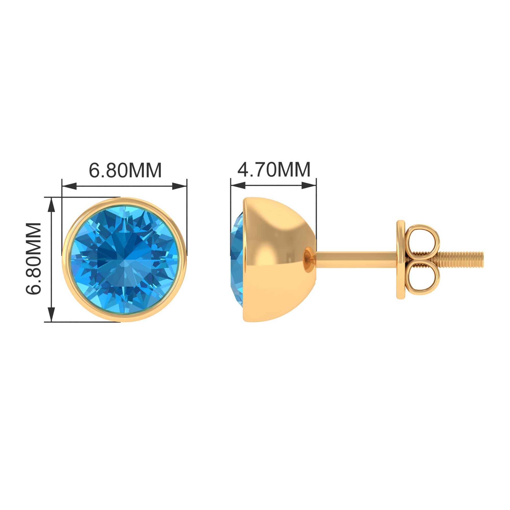 Round Swiss Blue Topaz Solitaire Stud Earrings in Bezel Setting Swiss Blue Topaz - ( AAA ) - Quality - Rosec Jewels