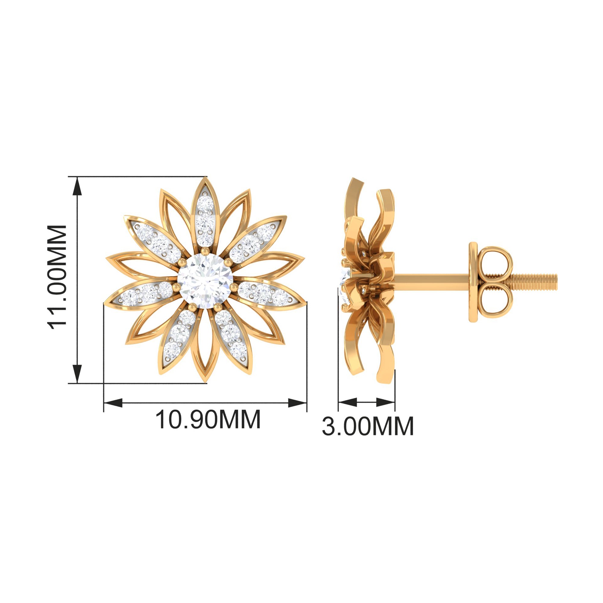 Zircon Flower Screw Back Stud Earrings Zircon - ( AAAA ) - Quality - Rosec Jewels