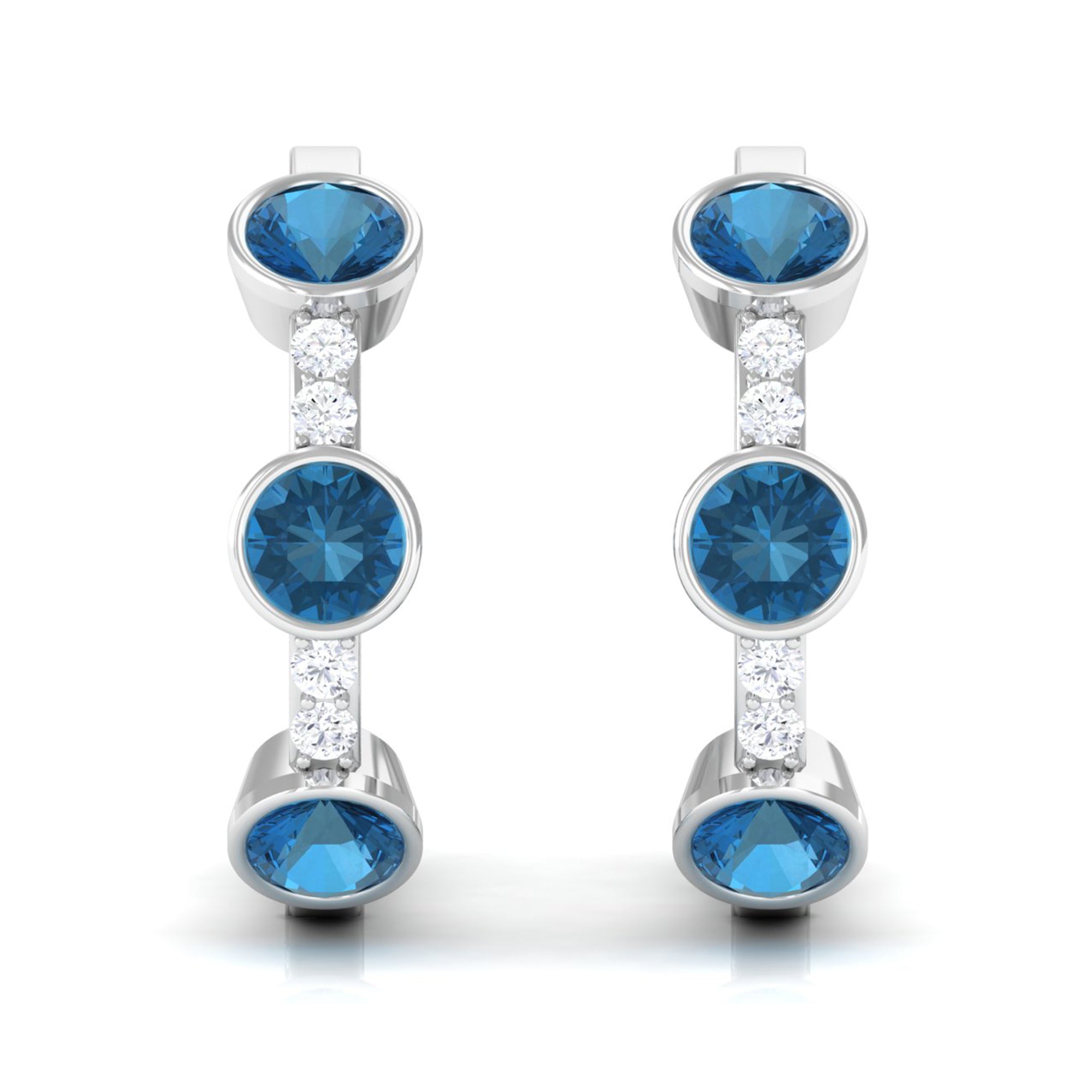 Bezel Set London Blue Topaz 3 Stone Hinged Hoop Earrings with Diamond London Blue Topaz - ( AAA ) - Quality - Rosec Jewels