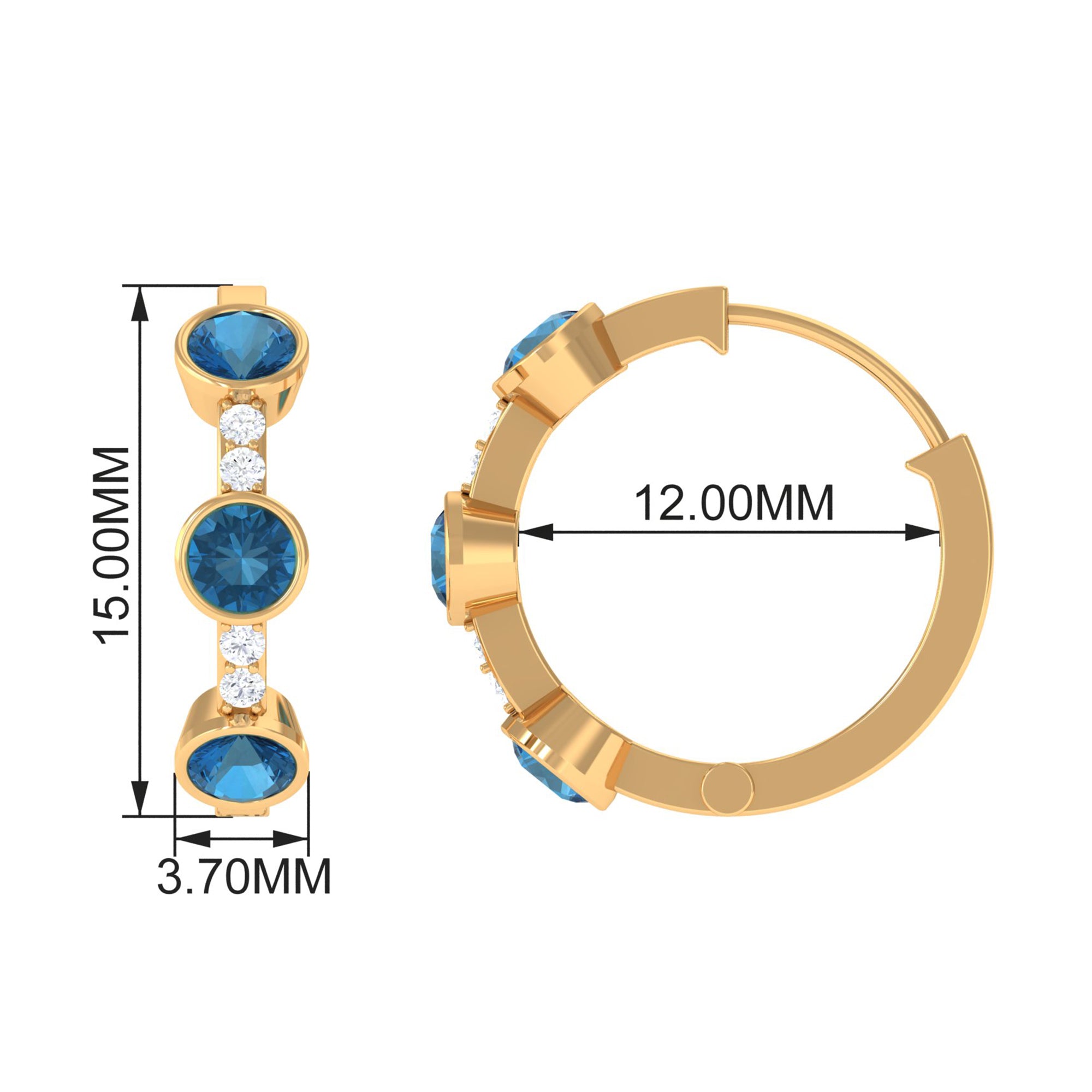 Bezel Set London Blue Topaz 3 Stone Hinged Hoop Earrings with Diamond London Blue Topaz - ( AAA ) - Quality - Rosec Jewels