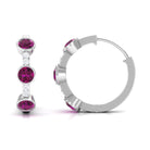 Bezel Set Rhodolite 3 Stone Hinged Hoop Earrings with Diamond Rhodolite - ( AAA ) - Quality - Rosec Jewels