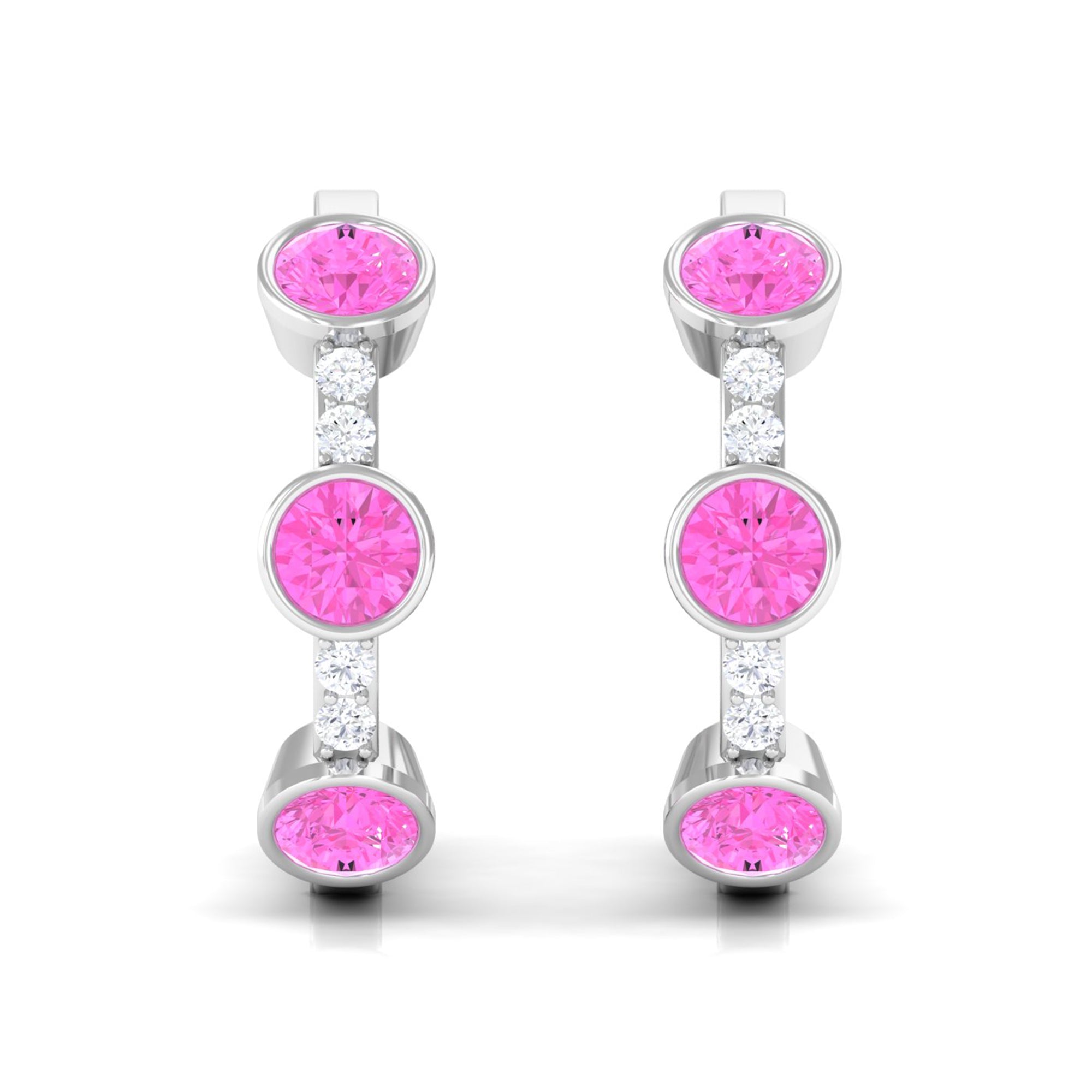 Bezel Set Pink Sapphire 3 Stone Hinged Hoop Earrings with Diamond Pink Sapphire - ( AAA ) - Quality - Rosec Jewels