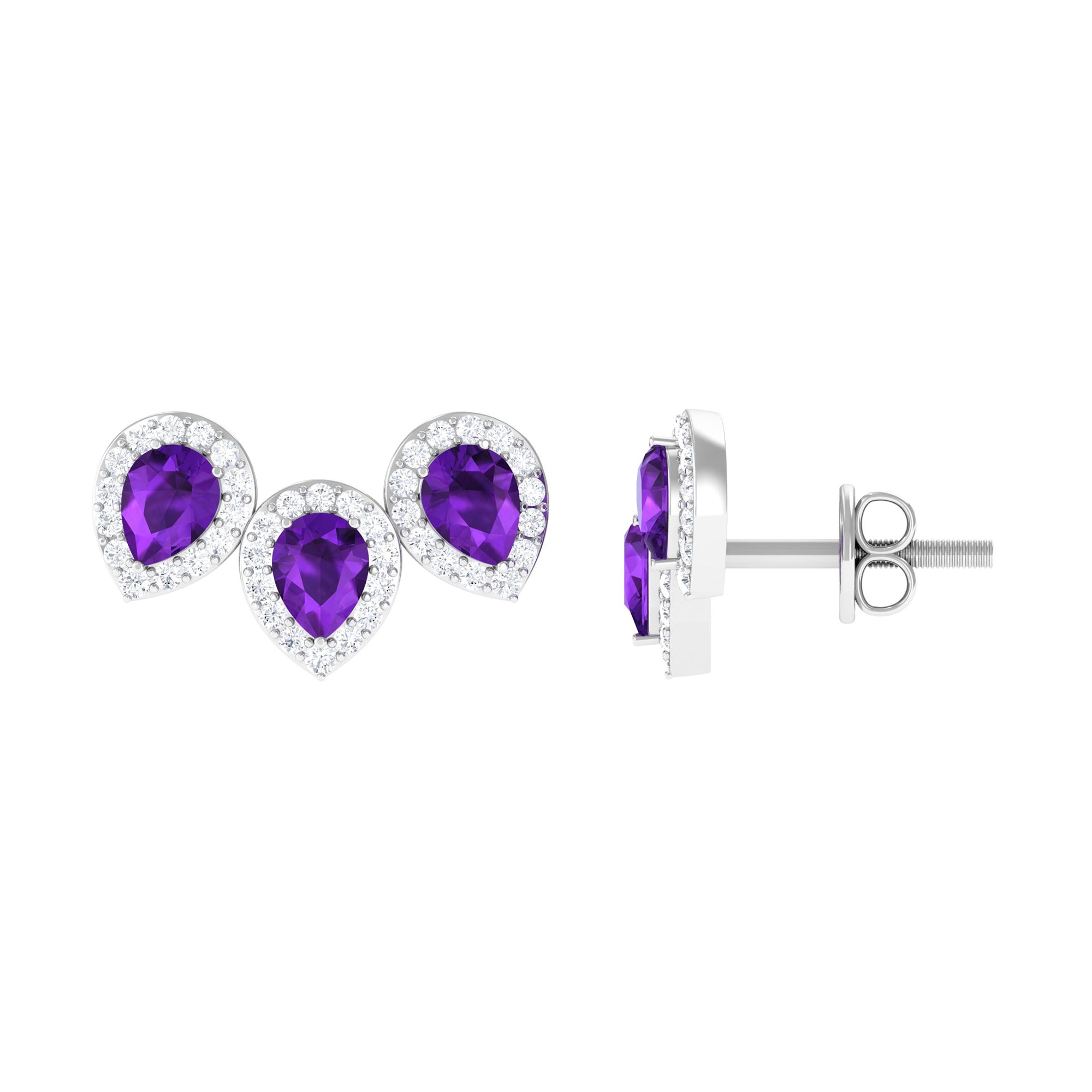 Pear Cut Amethyst 3 Stone Stud Earring with Diamond Halo Amethyst - ( AAA ) - Quality - Rosec Jewels