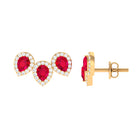 Pear Cut Created Ruby 3 Stone Stud Earring with Diamond Halo Lab Created Ruby - ( AAAA ) - Quality - Rosec Jewels