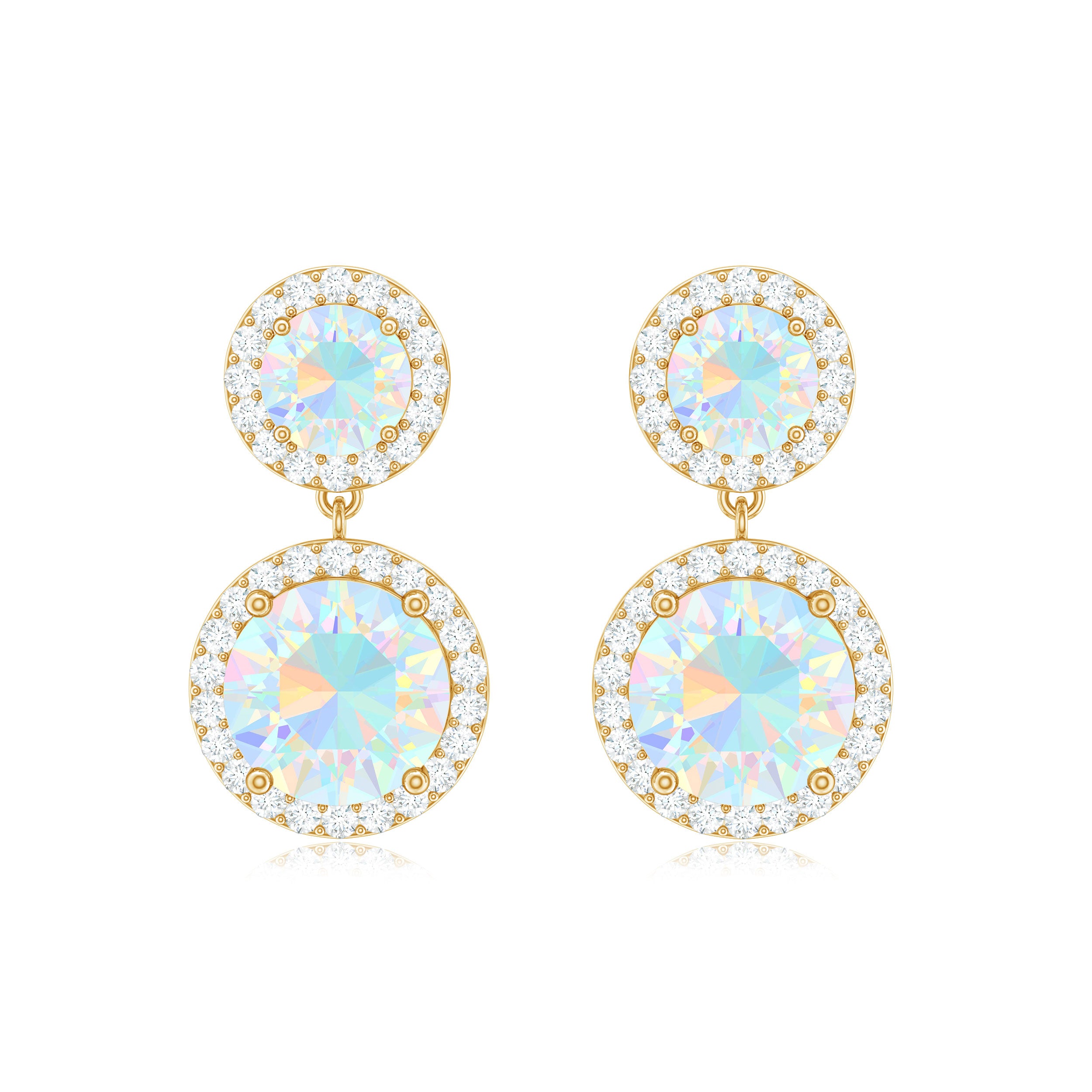 Round Ethiopian Opal and Diamond Halo Dangle Earrings Ethiopian Opal - ( AAA ) - Quality - Rosec Jewels