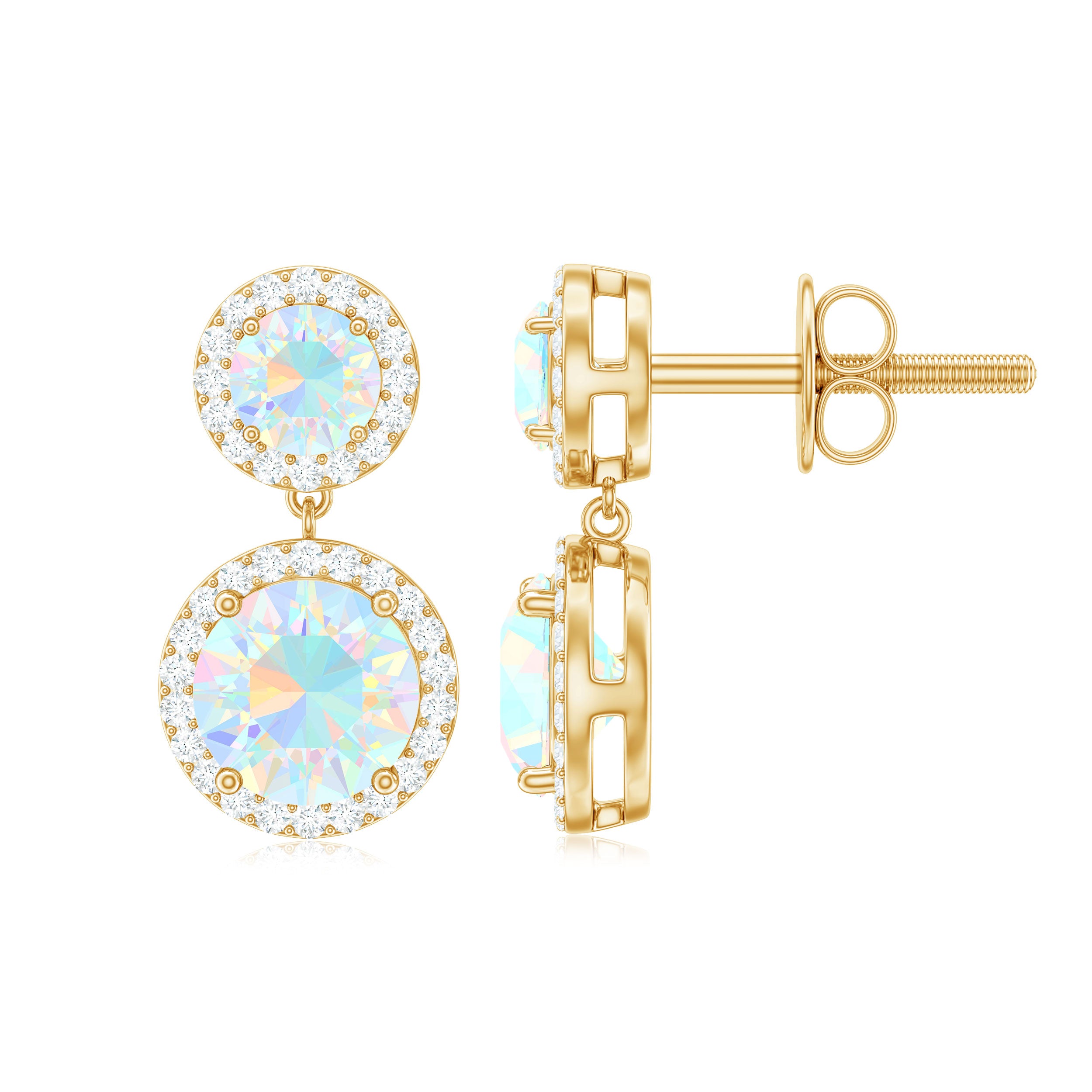 Round Ethiopian Opal and Diamond Halo Dangle Earrings Ethiopian Opal - ( AAA ) - Quality - Rosec Jewels