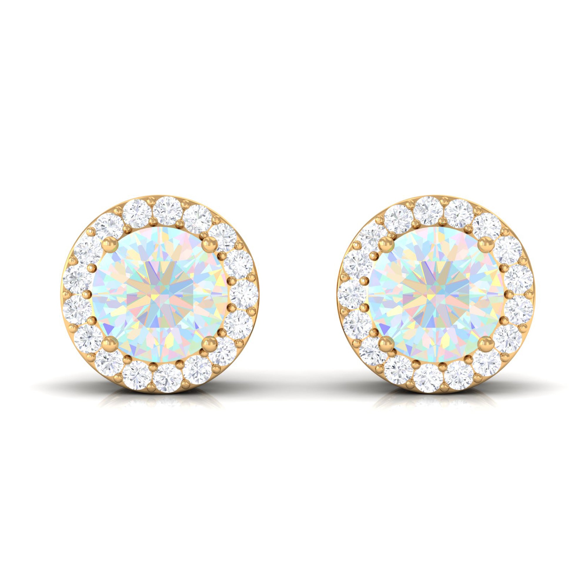 2 CT Round Ethiopian Opal Minimal Stud Earrings with Diamond Halo in Prong Setting Ethiopian Opal - ( AAA ) - Quality - Rosec Jewels