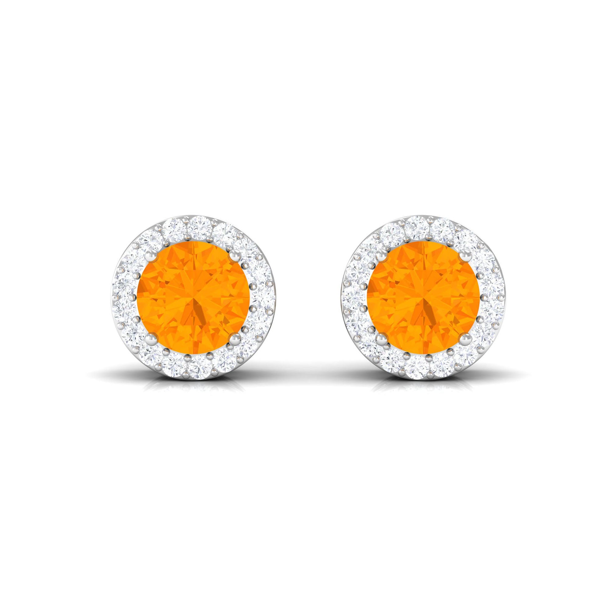 Round Fire Opal Minimal Halo Stud Earrings with Diamond Fire Opal - ( AAA ) - Quality - Rosec Jewels