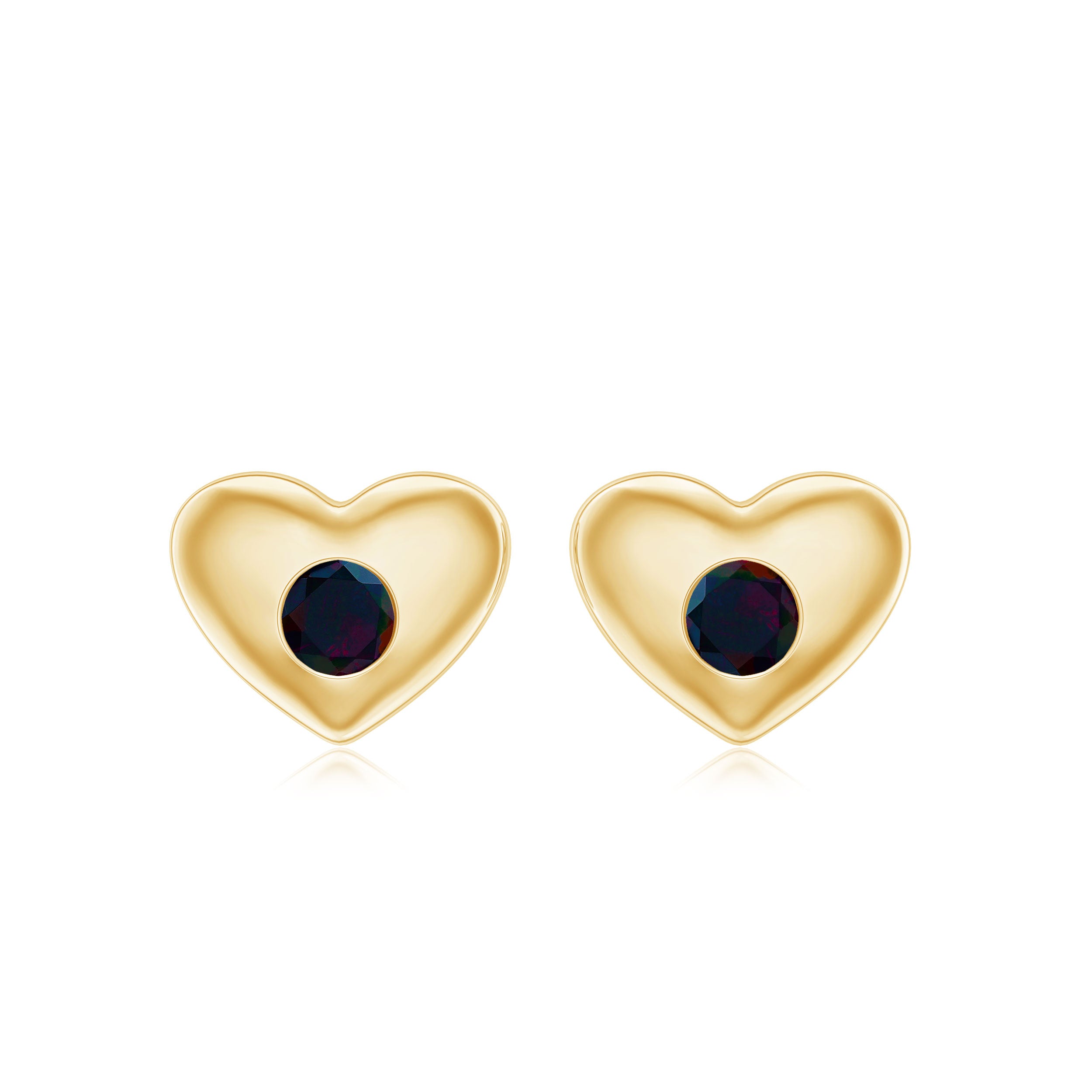 Round Shape Black Opal Gold Heart Stud Earrings Black Opal - ( AAA ) - Quality - Rosec Jewels