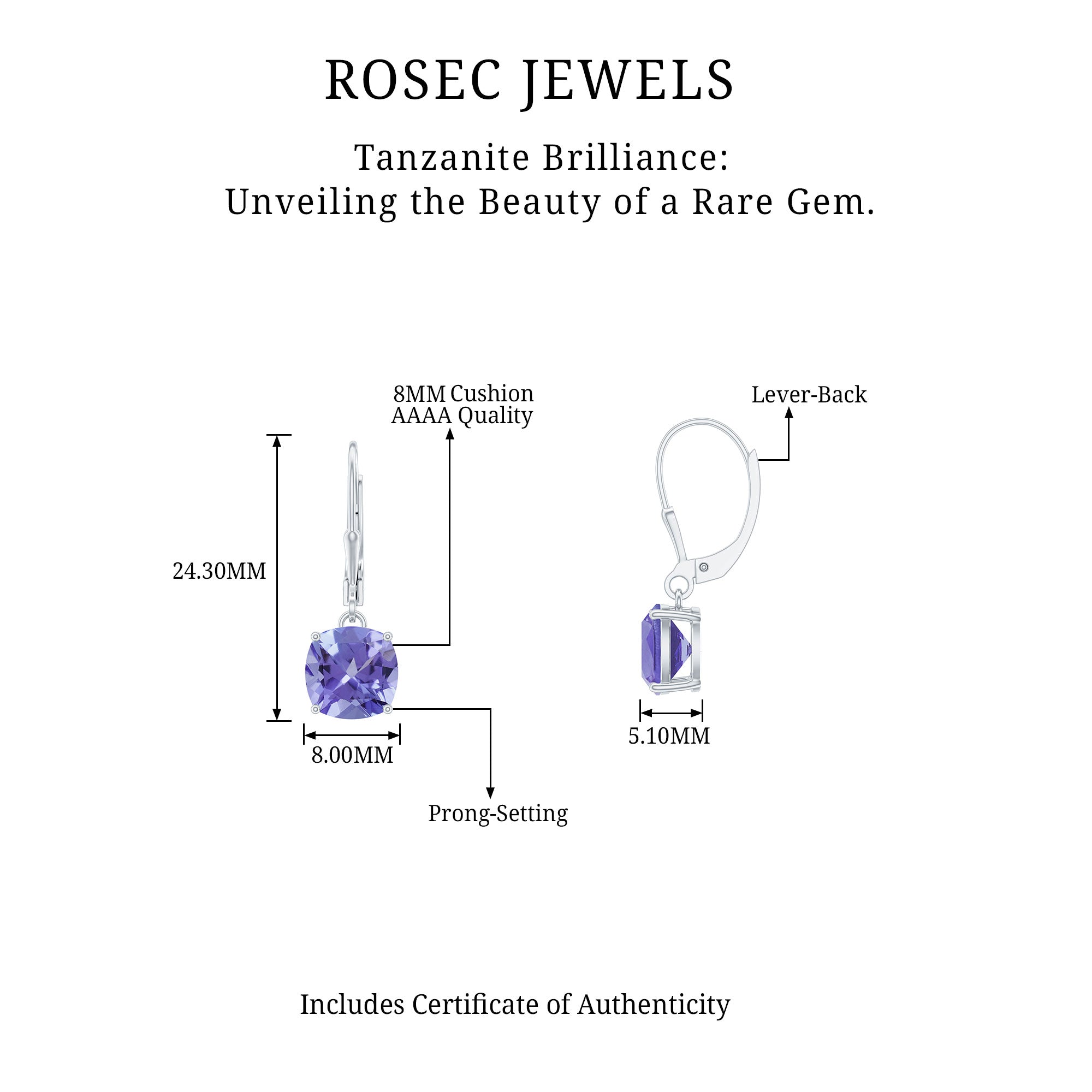 8 MM Cushion Cut Lab-Created Tanzanite Solitaire Drop Earrings in Silver Lab Created Tanzanite - ( AAAA ) - Quality 92.5 Sterling Silver - Rosec Jewels