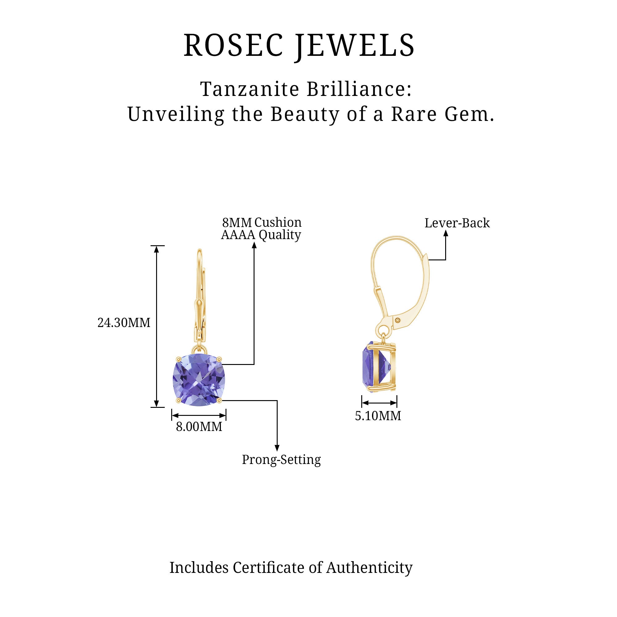 8 MM Cushion Cut Lab-Created Tanzanite Solitaire Drop Earrings Lab Created Tanzanite - ( AAAA ) - Quality - Rosec Jewels