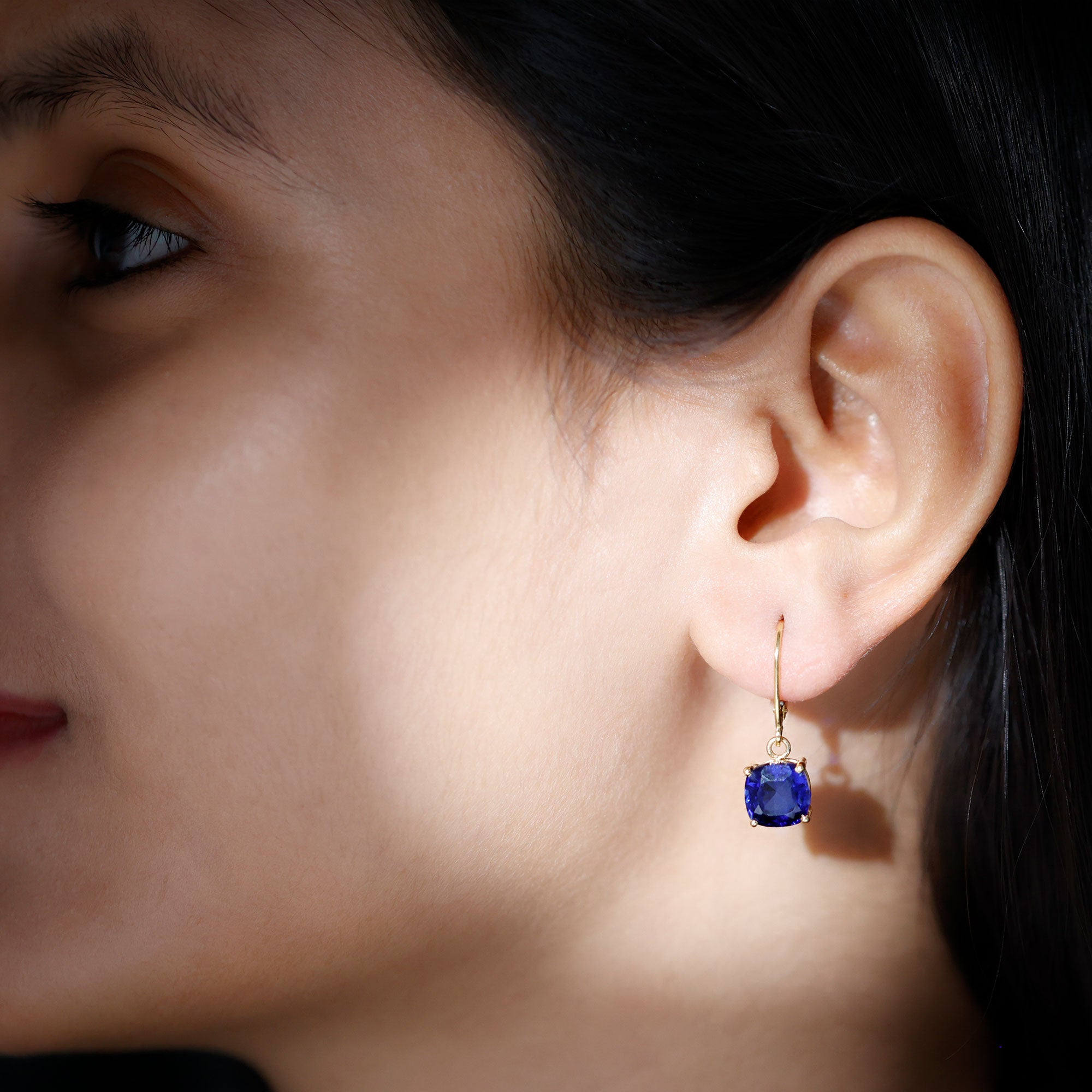 Cushion Cut Solitaire Created Blue Sapphire Drop Earrings Lab Created Blue Sapphire - ( AAAA ) - Quality - Rosec Jewels