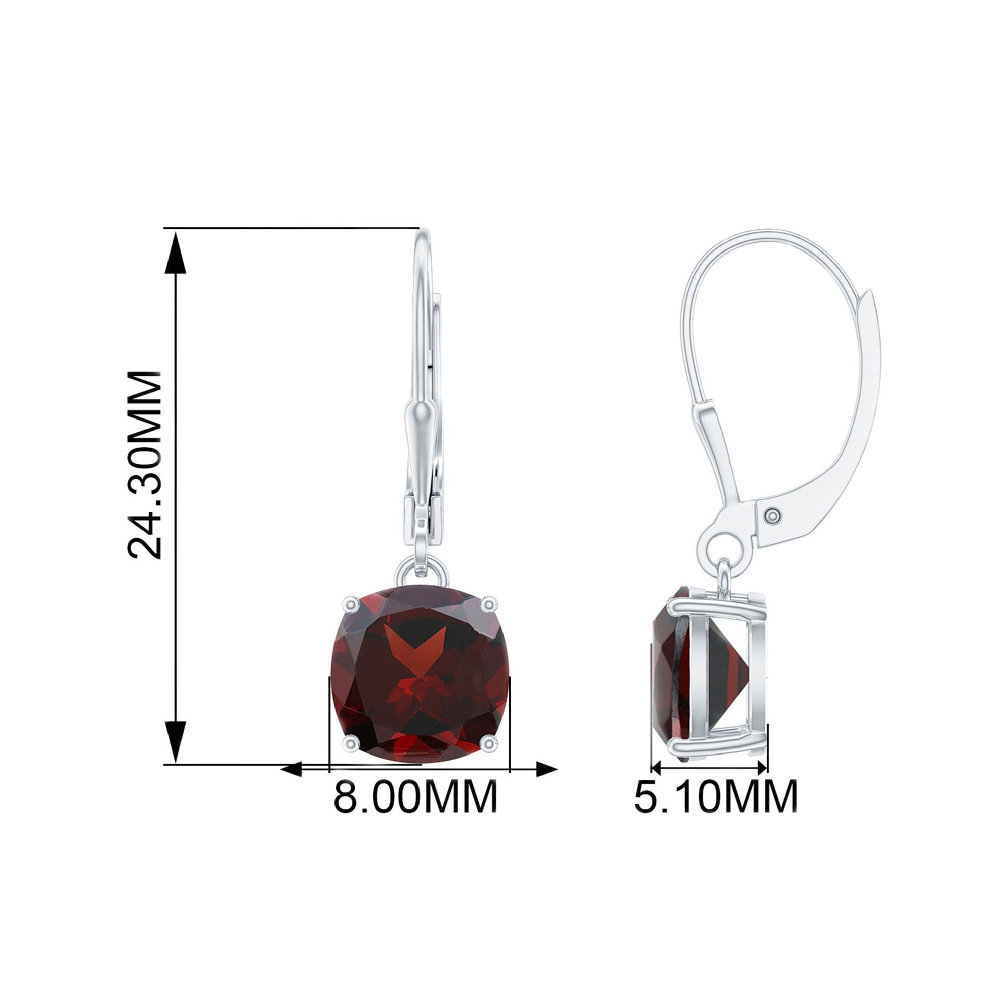 8 MM Cushion Cut Garnet Solitaire Drop Earrings with Lever Back Garnet - ( AAA ) - Quality - Rosec Jewels