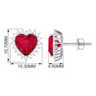 Heart Shape Created Ruby Stud Earrings with Diamond Halo Lab Created Ruby - ( AAAA ) - Quality - Rosec Jewels