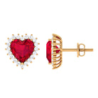 Heart Shape Created Ruby Stud Earrings with Diamond Halo Lab Created Ruby - ( AAAA ) - Quality - Rosec Jewels