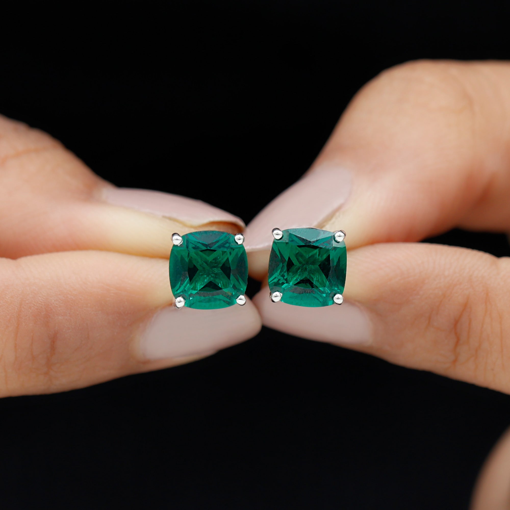 3 CT Cushion Cut Created Emerald Solitaire Stud Earring Lab Created Emerald - ( AAAA ) - Quality - Rosec Jewels