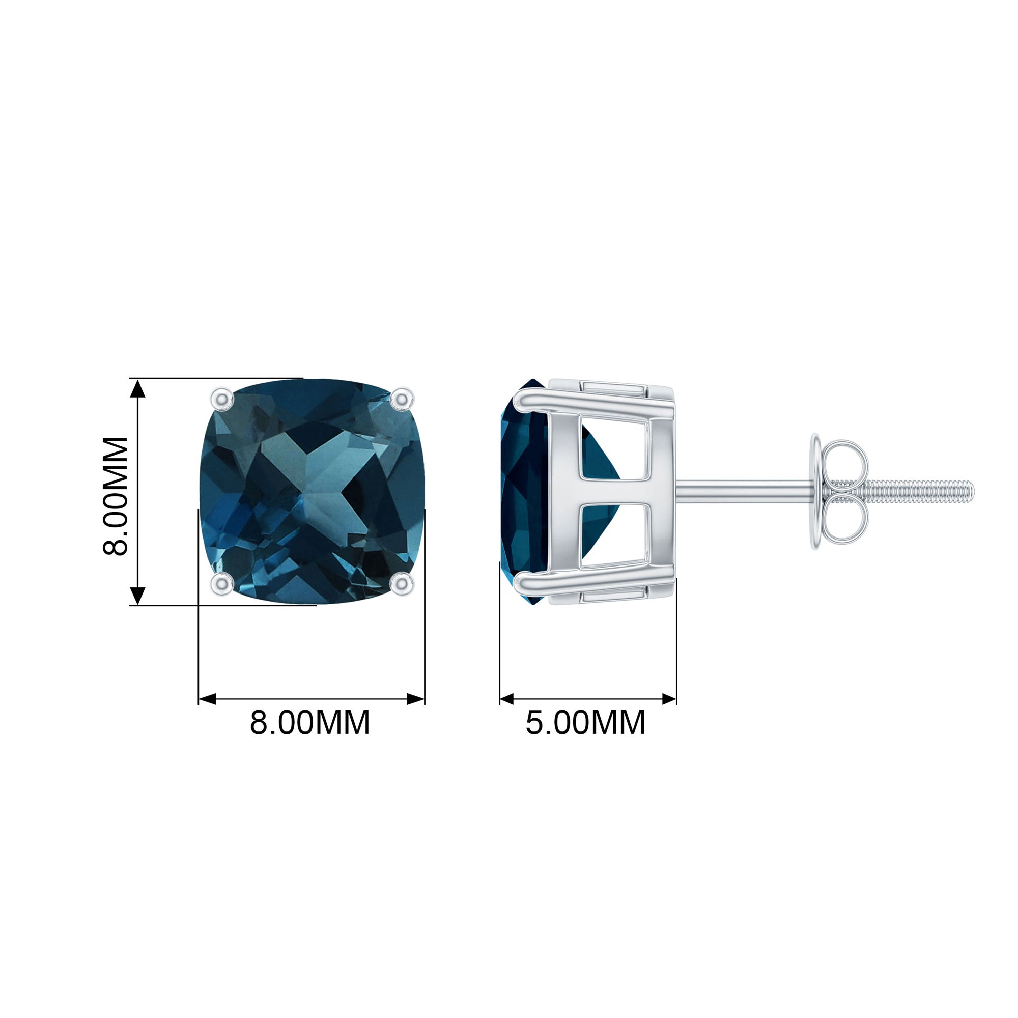 8 MM Cushion Cut London Blue Topaz Solitaire Stud Earrings London Blue Topaz - ( AAA ) - Quality - Rosec Jewels