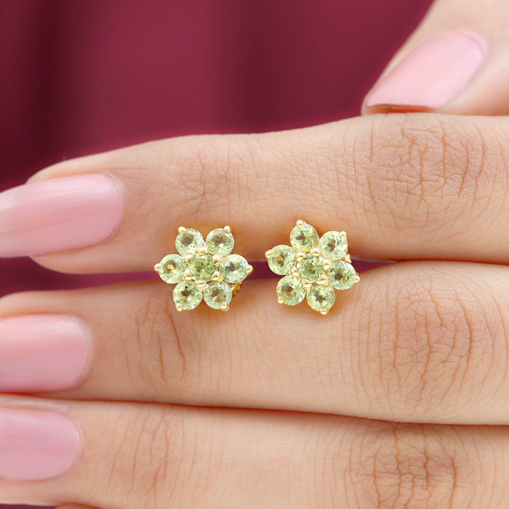 1.50 CT Peridot Floral Cluster Stud Earrings Peridot - ( AAA ) - Quality - Rosec Jewels