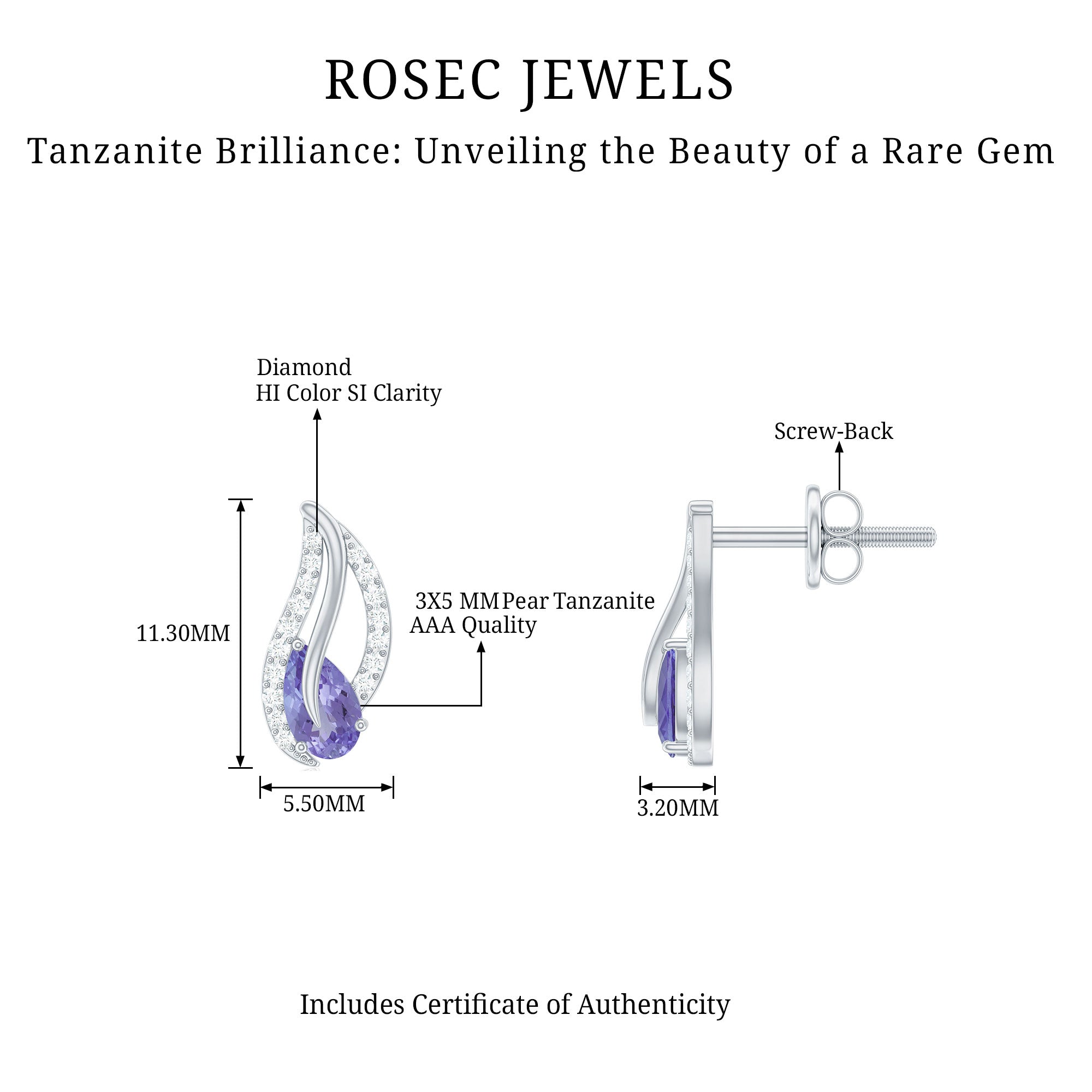 Pear Shape Tanzanite and Diamond Leaf Stud Earrings Tanzanite - ( AAA ) - Quality - Rosec Jewels