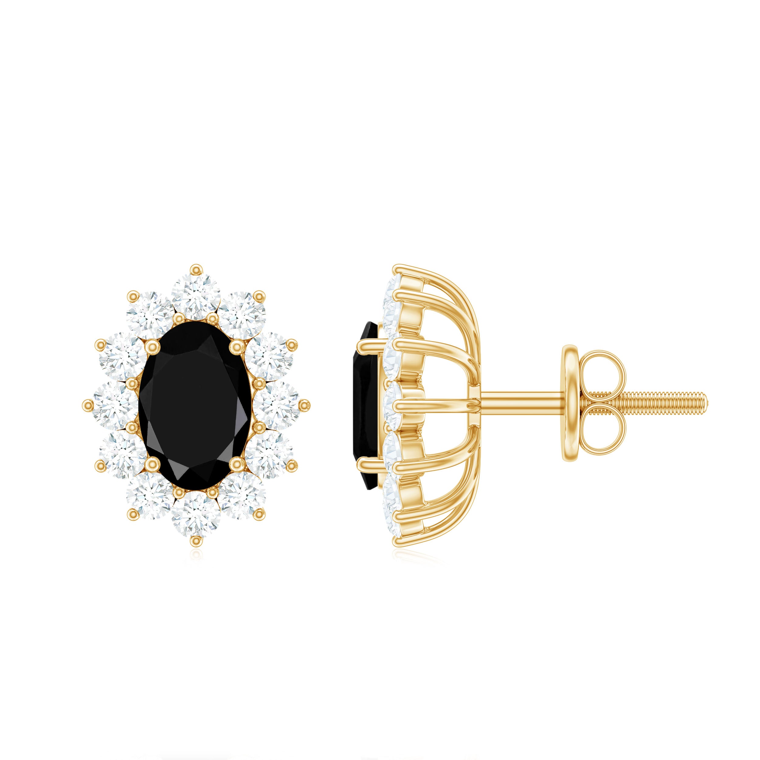 Oval Cut Black Onyx and Diamond Starburst Stud Earrings Black Onyx - ( AAA ) - Quality - Rosec Jewels